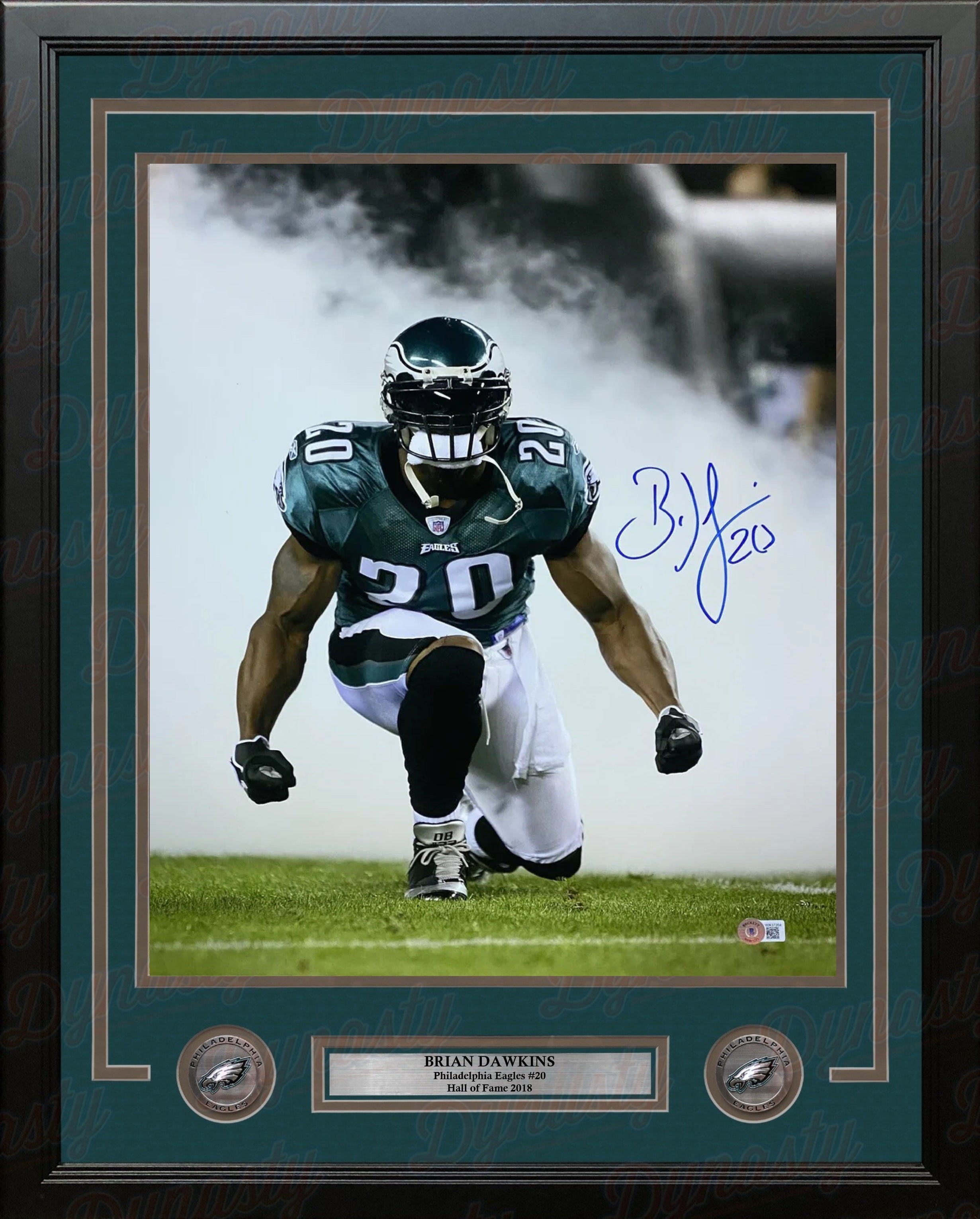 Brian Dawkins Kneeling in the Smoke Philadelphia Eagles Autographed 16" x 20" Framed Football Photo - Sports Gifts, Sports Memorabilia, Sports Collectibles, Fan Shop