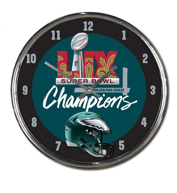 Philadelphia Eagles Super Bowl LIX Champions Round Chrome Clock - Sports Collectibles, Sports Memorabilia, Sports Fan Shop, Sports Gifts
