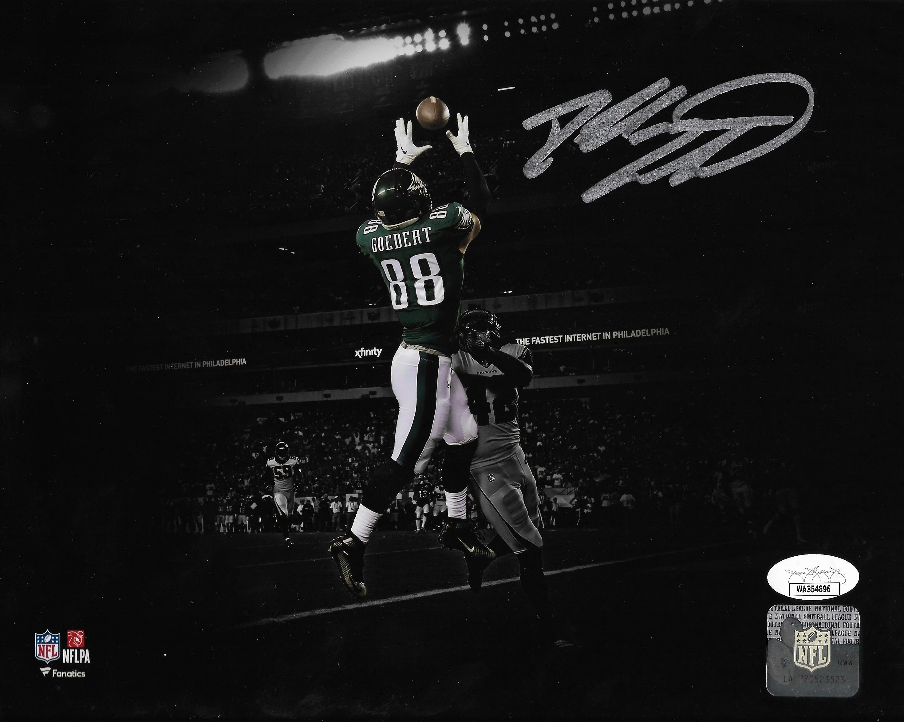 Dallas Goedert End Zone Touchdown Philadelphia Eagles Autographed Blackout Football Photo - Sports Gifts, Sports Memorabilia, Sports Collectibles, Fan Shop