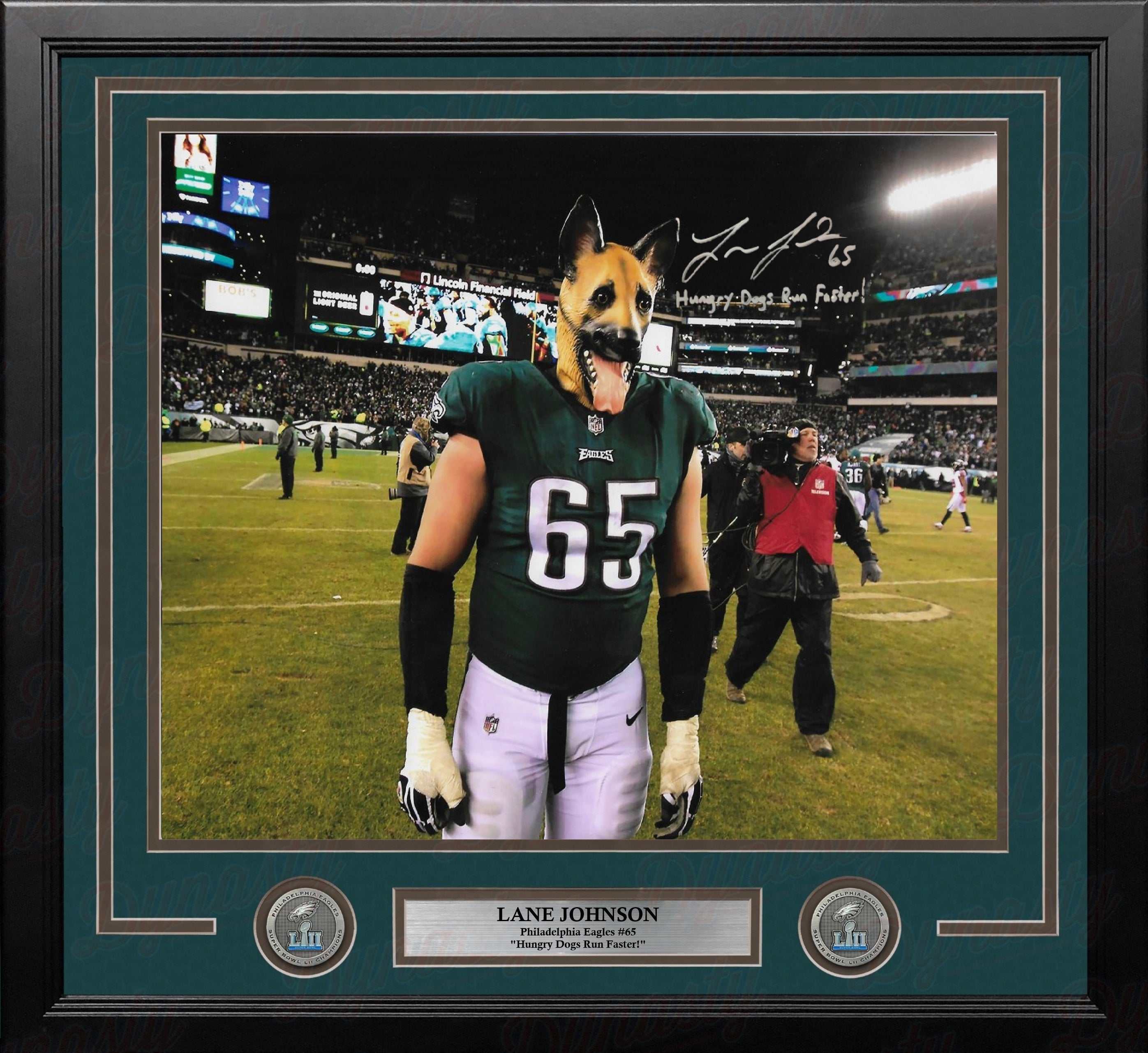 Lane Johnson Underdog Philadelphia Eagles Autographed 16x20 Framed Photo Insc Hungry Dogs Run Faster - Sports Collectibles, Sports Memorabilia, Sports Fan Shop, Sports Gifts