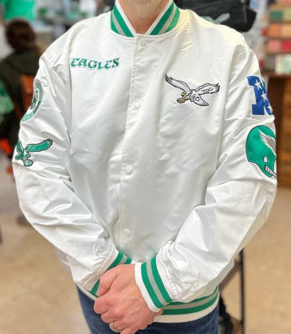 Philadelphia Eagles Mitchell & Ness White City Collection Satin Full-Snap Varsity Jacket - Sports Collectibles, Sports Memorabilia, Sports Fan Shop, Sports Gifts