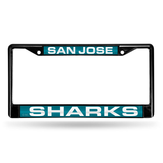 NHL Hockey San Jose Sharks Black 12" x 6" Black Laser Cut Chrome Frame - Car/Truck/SUV Automobile Accessory