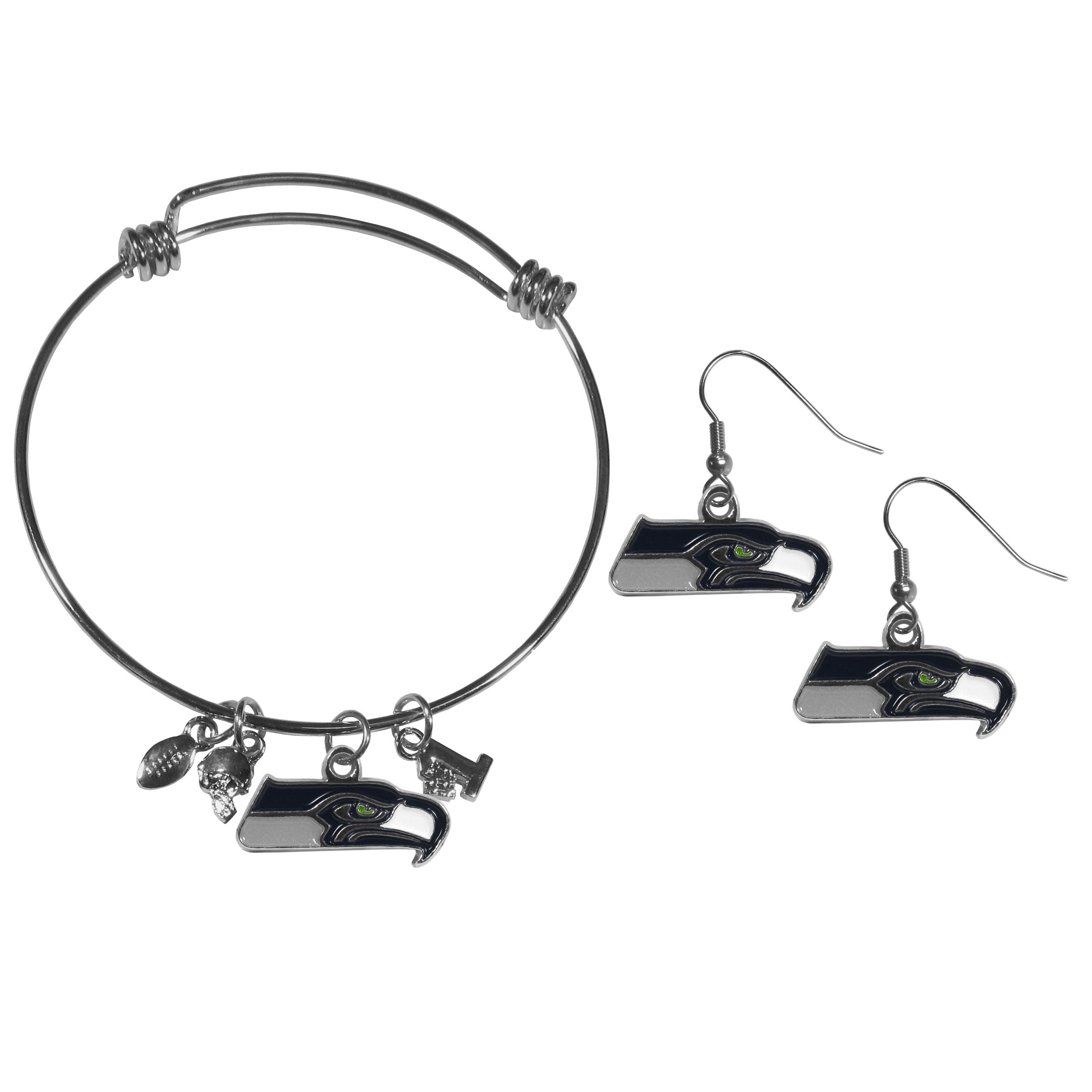 Seattle Seahawks Dangle Earrings and Charm Bangle Bracelet Set - Sports Gifts, Sports Memorabilia, Sports Collectibles, Fan Shop