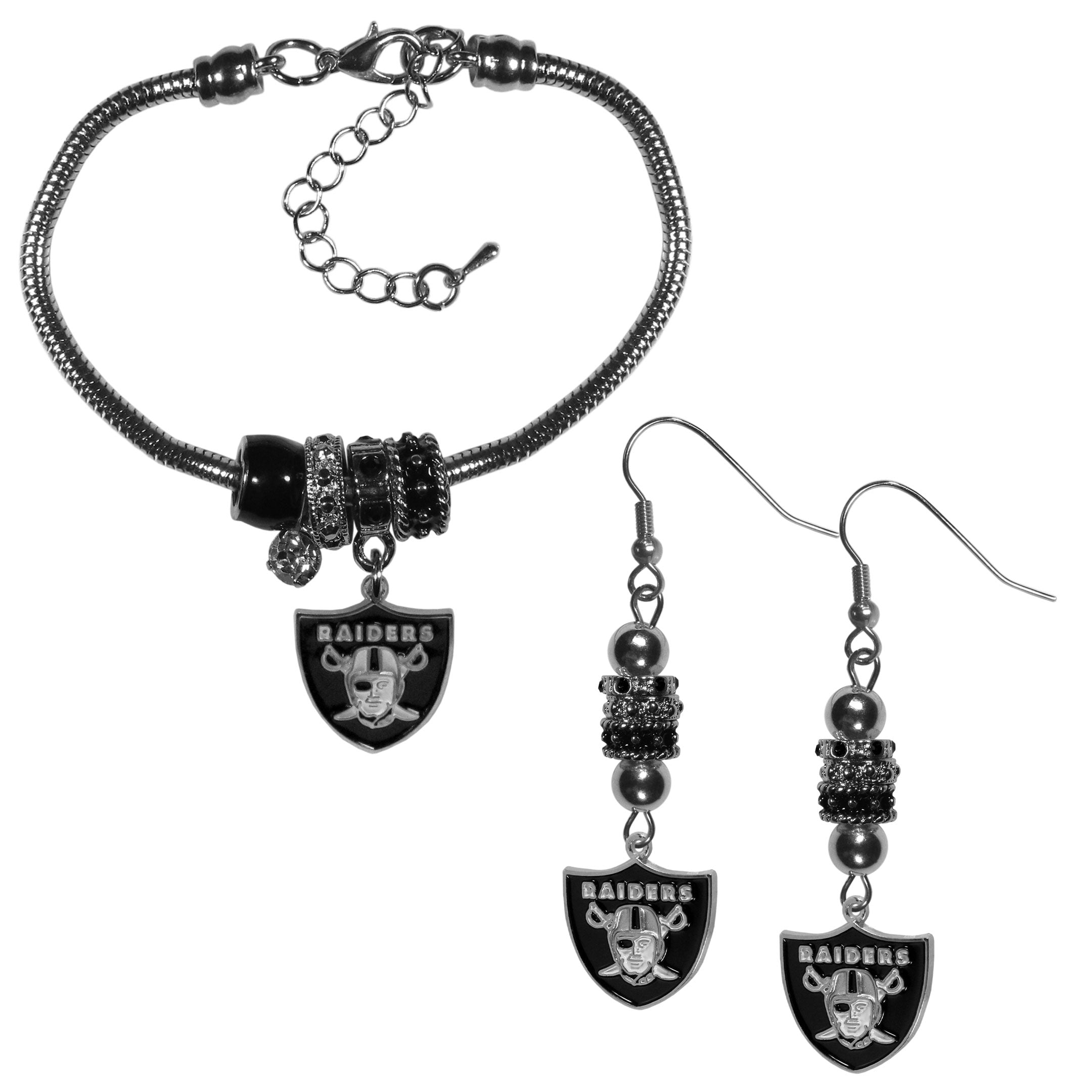 Las Vegas Raiders Euro Bead Earrings and Bracelet Set