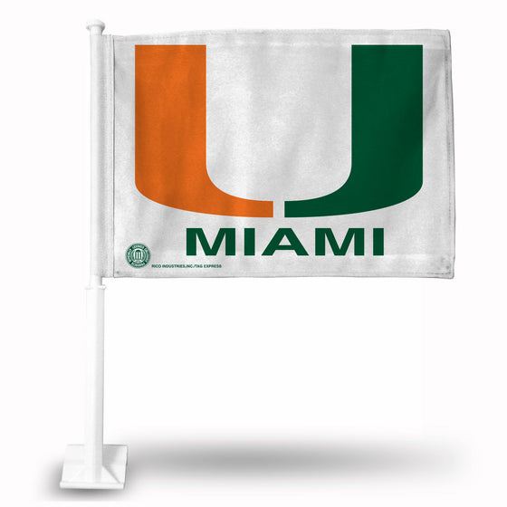 NCAA  Miami Hurricanes Standard Double Sided Car Flag -  16" x 19" - Strong Pole that Hooks Onto Car/Truck/Automobile