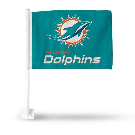 NFL Football Miami Dolphins Teal Double Sided Car Flag -  16" x 19" - Strong Pole that Hooks Onto Car/Truck/Automobile