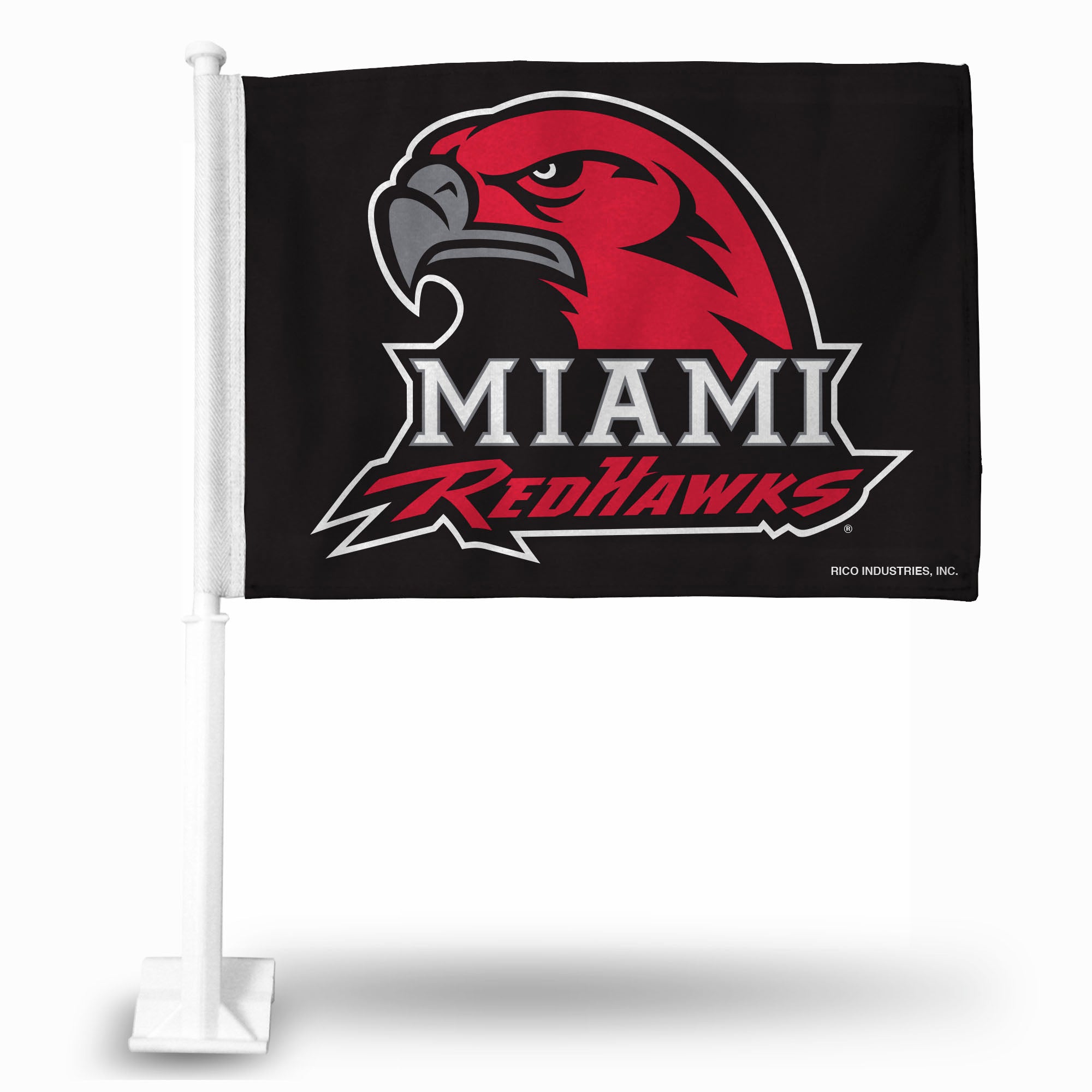 NCAA  Miami of Ohio Redhawks Standard Double Sided Car Flag -  16" x 19" - Strong Pole that Hooks Onto Car/Truck/Automobile