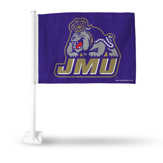 NCAA  James Madison Dukes Team Color Double Sided Car Flag -  16" x 19" - Strong Pole that Hooks Onto Car/Truck/Automobile