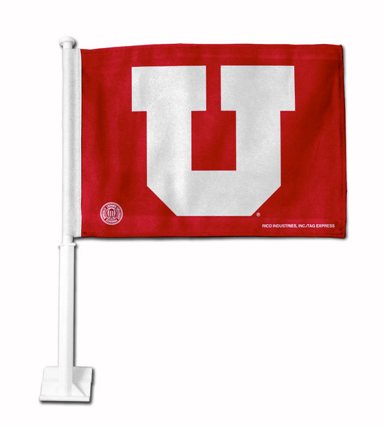 NCAA  Utah Utes RED Double Sided Car Flag -  16" x 19" - Strong Pole that Hooks Onto Car/Truck/Automobile