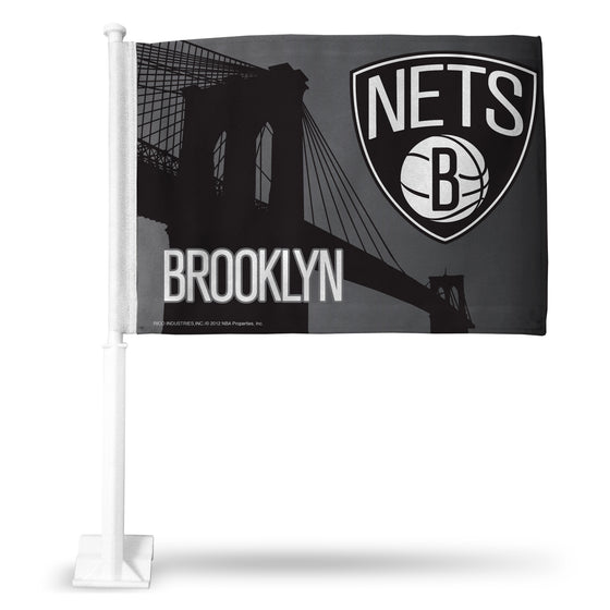 NBA Basketball Brooklyn Nets Standard Double Sided Car Flag -  16" x 19" - Strong Pole that Hooks Onto Car/Truck/Automobile
