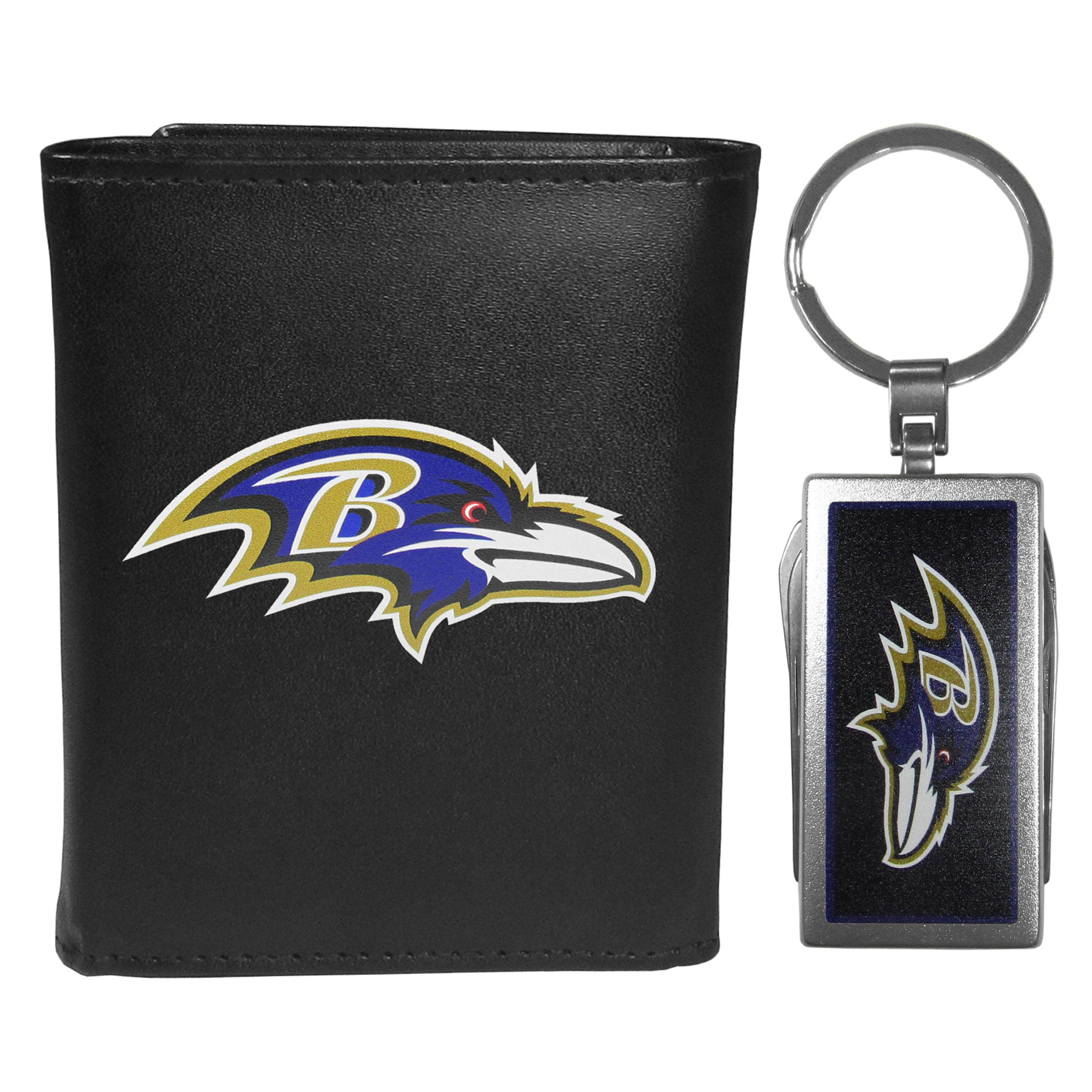 Baltimore Ravens Leather Tri-fold Wallet & Multitool Key Chain, Black