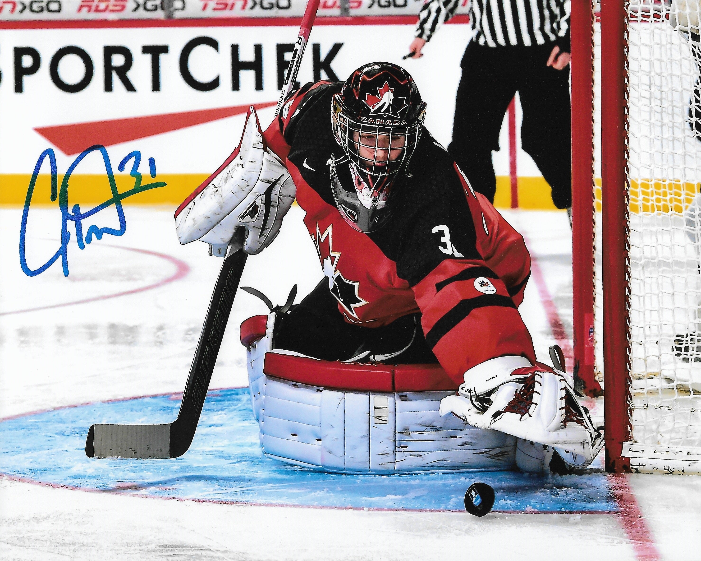 Carter Hart Philadelphia Flyers In Goal for Team Canada Autographed 16" x 20" Hockey Photo - Sports Collectibles, Sports Memorabilia, Sports Fan Shop, Sports Gifts