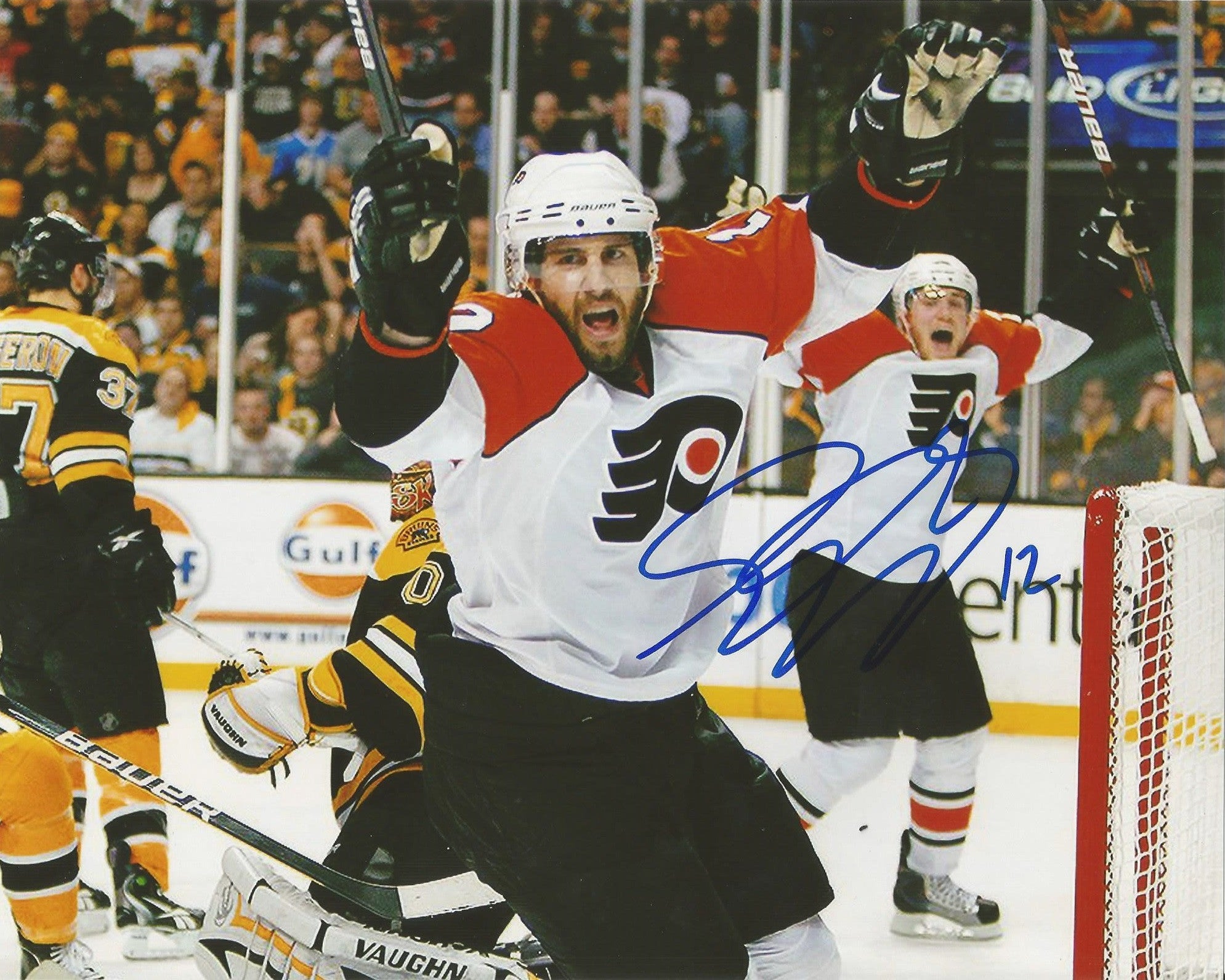 Simon Gagne Philadelphia Flyers Game 7 Game-Winning Goal v. Bruins Autographed 8" x 10" Color Photo - Sports Collectibles, Sports Memorabilia, Sports Fan Shop, Sports Gifts