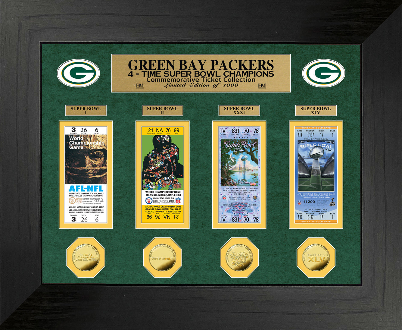 Green Bay Packers 4-Time Super Bowl Champions Deluxe Gold Coin & Ticket Collection - Sports Collectibles, Sports Memorabilia, Sports Fan Shop, Sports Gifts