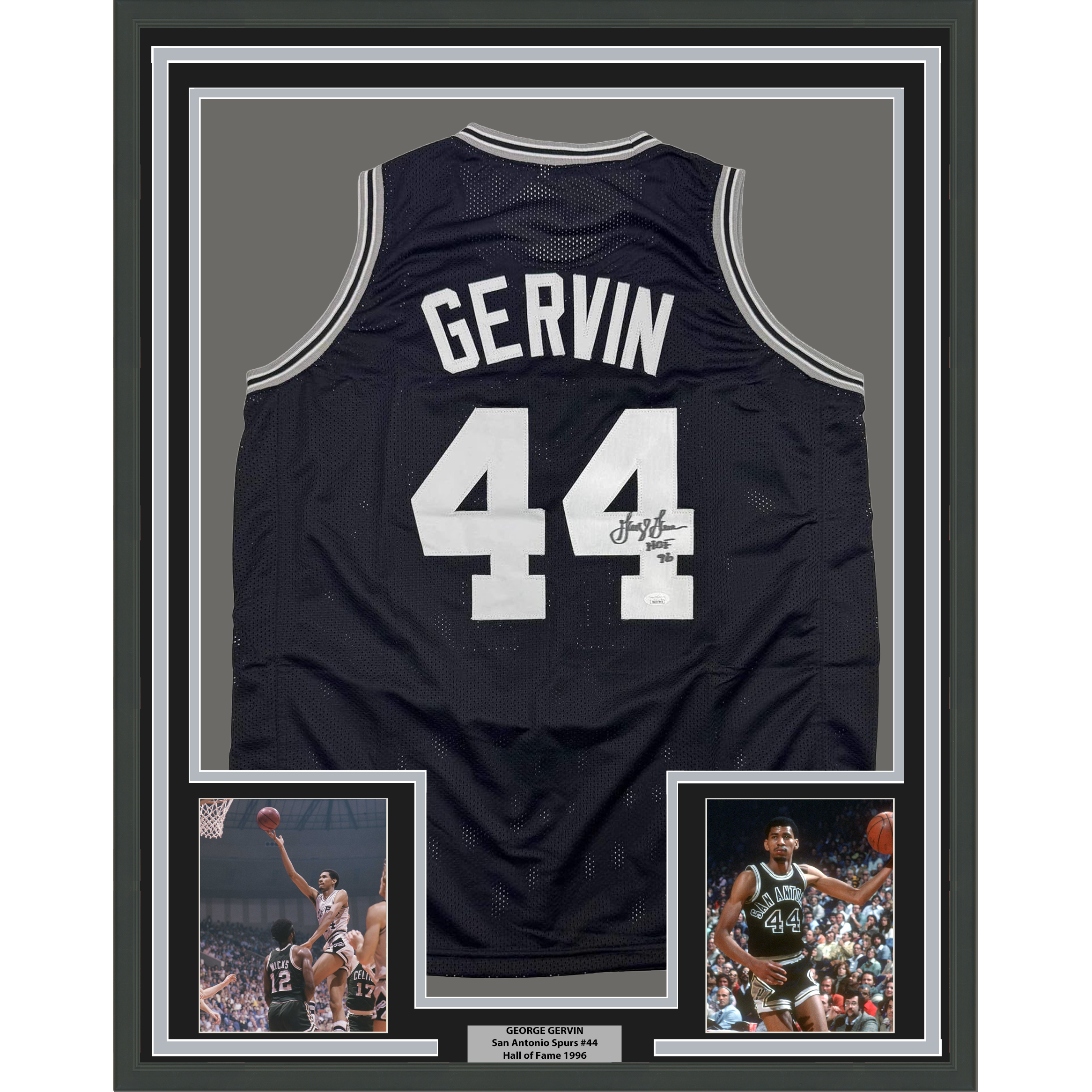 Framed Autographed/Signed George Gervin 35x39 San Antonio Black Basketball Jersey Beckett BAS COA
