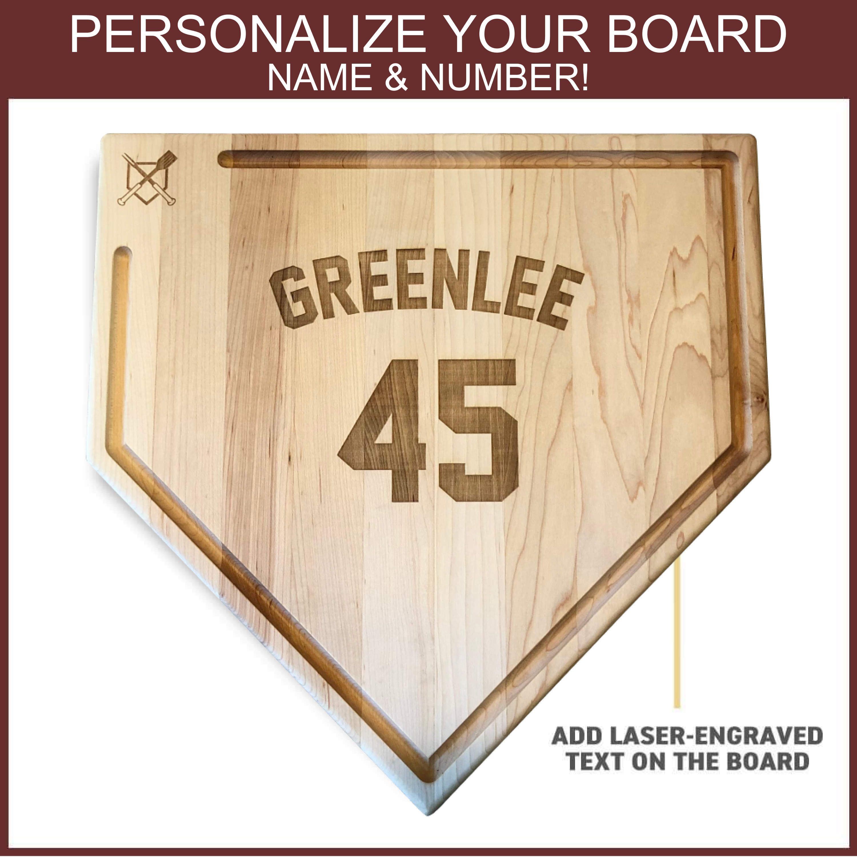 Full Size (17" x 17") Home Plate Cutting Board with Trough & Custom Text Engraving OR Personal Logo - Sports Collectibles, Sports Memorabilia, Sports Fan Shop, Sports Gifts
