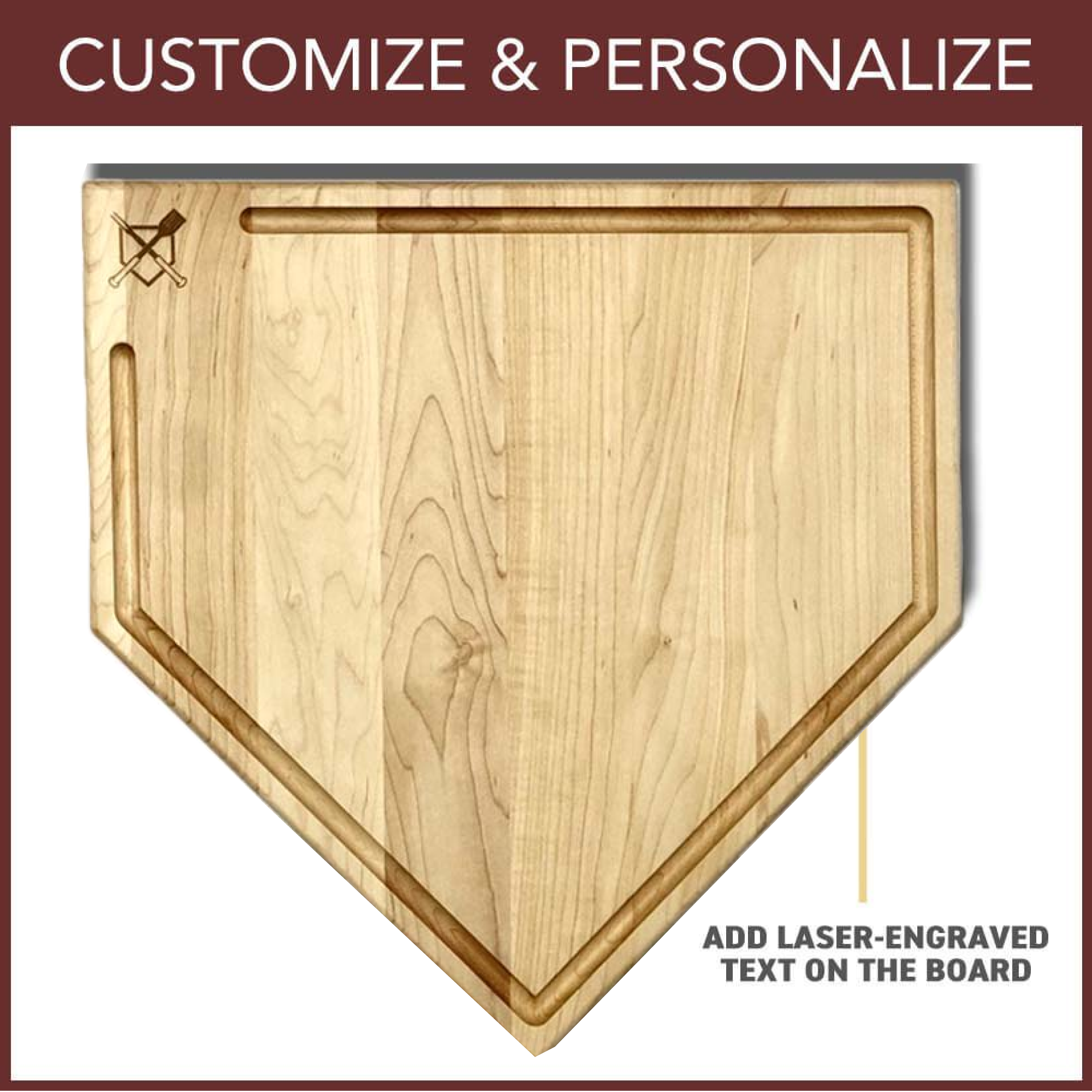 Full Size (17" x 17") Home Plate Cutting Board with Trough & Custom Text Engraving OR Personal Logo - Sports Collectibles, Sports Memorabilia, Sports Fan Shop, Sports Gifts