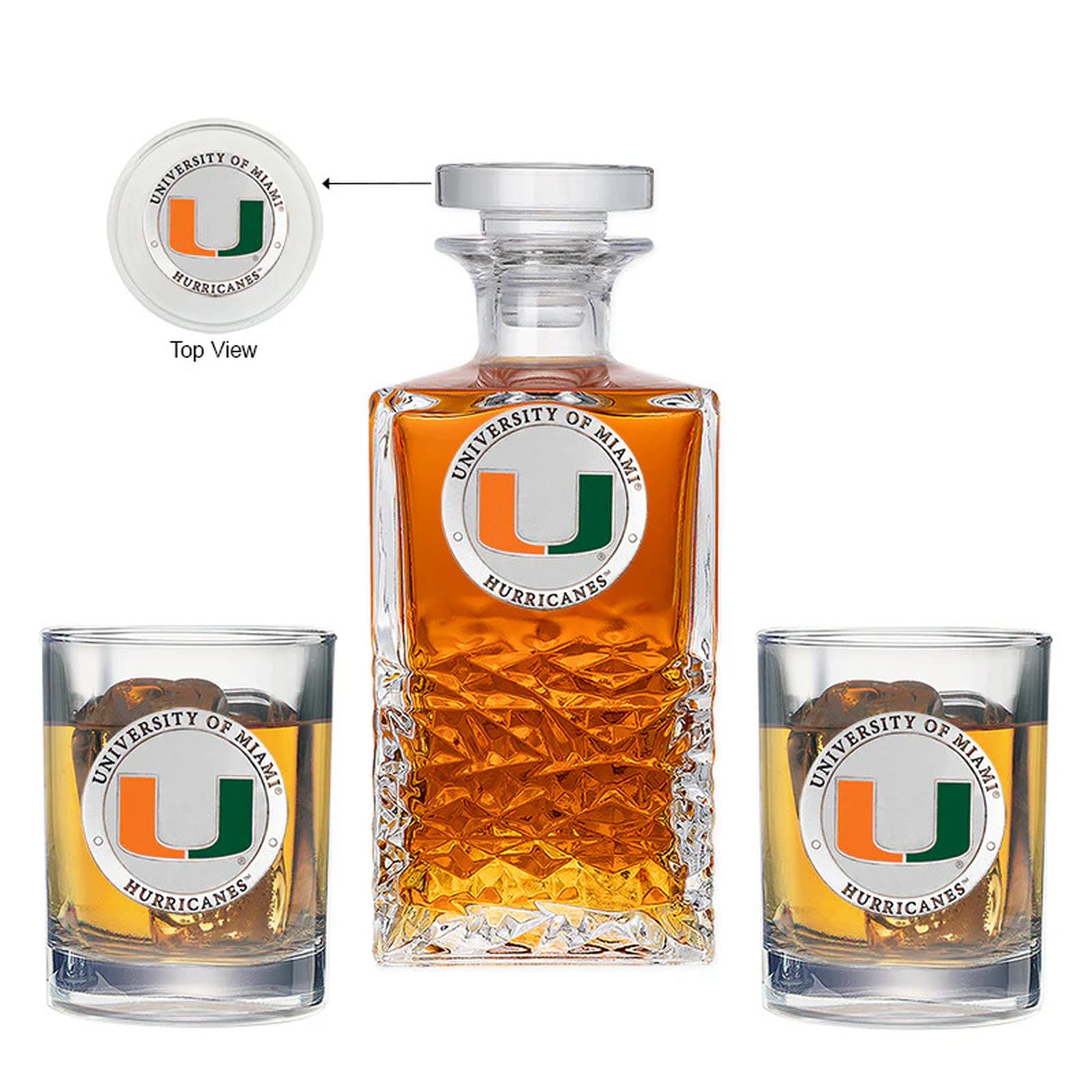 University of Miami Heritage Decanter with 2 Glasses - Sports Gifts, Sports Memorabilia, Sports Collectibles, Fan Shop