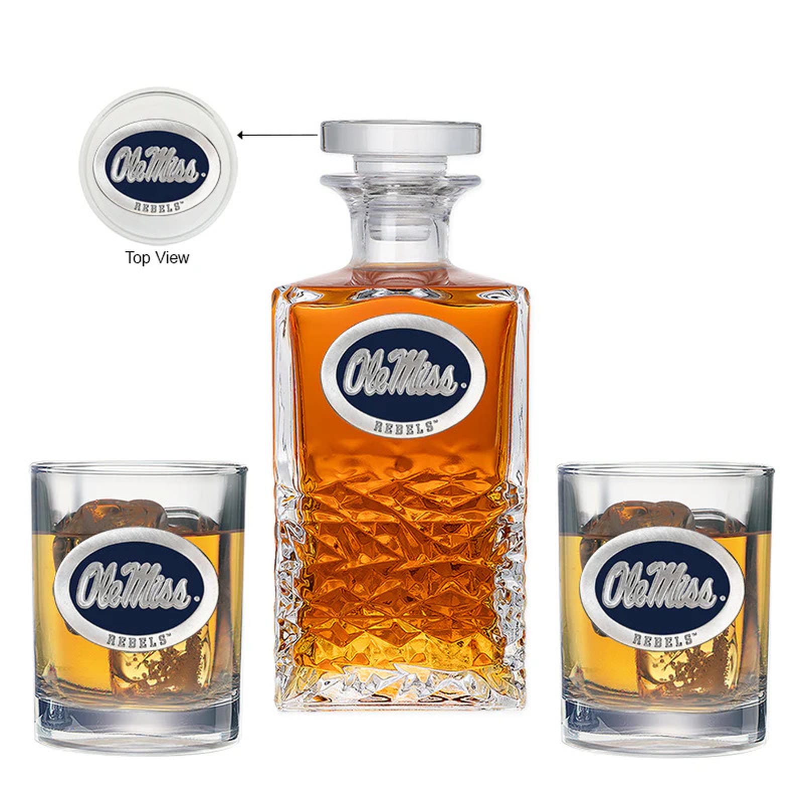 University of Mississippi "Ole Miss" Blue Logo Heritage Decanter with 2 Glasses - Sports Gifts, Sports Memorabilia, Sports Collectibles, Fan Shop