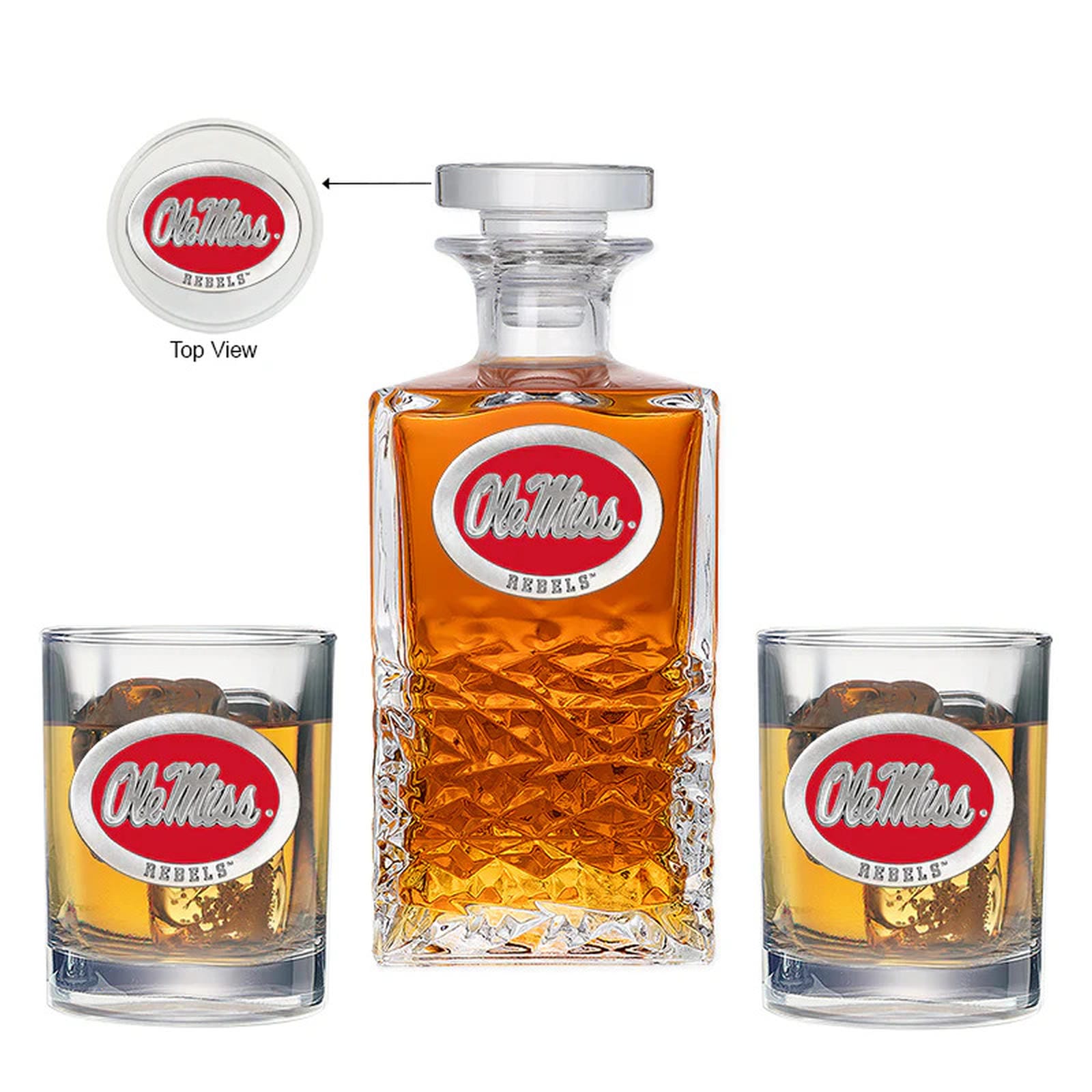 University of Mississippi "Ole Miss" Red Logo Heritage Decanter with 2 Glasses - Sports Gifts, Sports Memorabilia, Sports Collectibles, Fan Shop