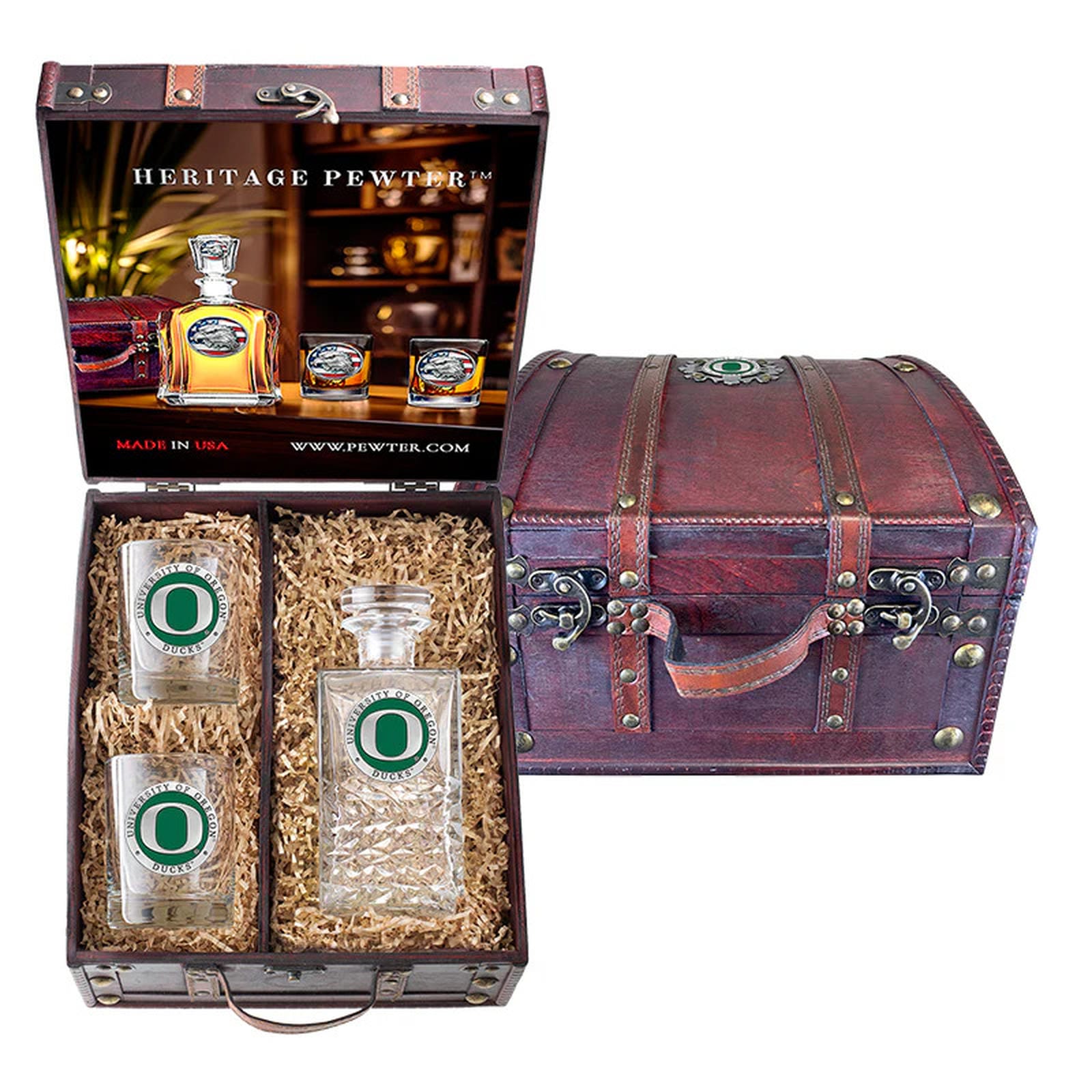 University of Oregon Heritage Decanter and 2 Glasses with Chest Box - Sports Gifts, Sports Memorabilia, Sports Collectibles, Fan Shop