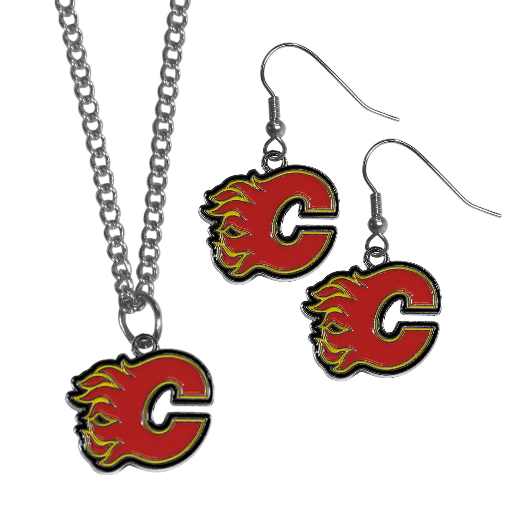 Calgary Flames Dangle Earrings and Chain Necklace Set