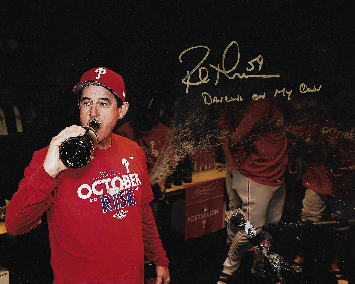 Rob Thomson NL Champs Locker Room Philadelphia Phillies Autographed 16x20 Photo (Dancing on my Own) - Sports Collectibles, Sports Memorabilia, Sports Fan Shop, Sports Gifts