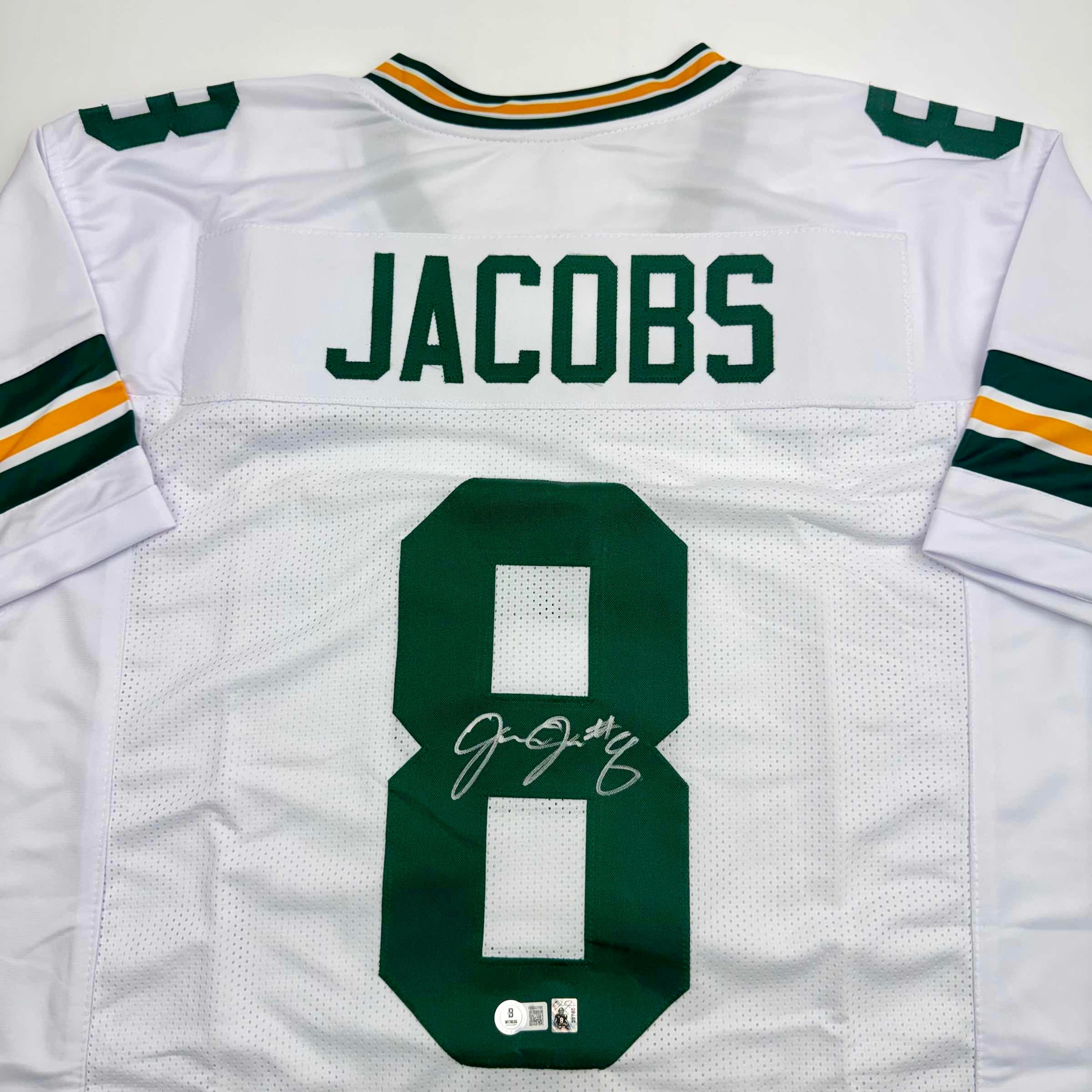 Autographed/Signed Josh Jacobs Green Bay White Football Jersey Beckett BAS COA