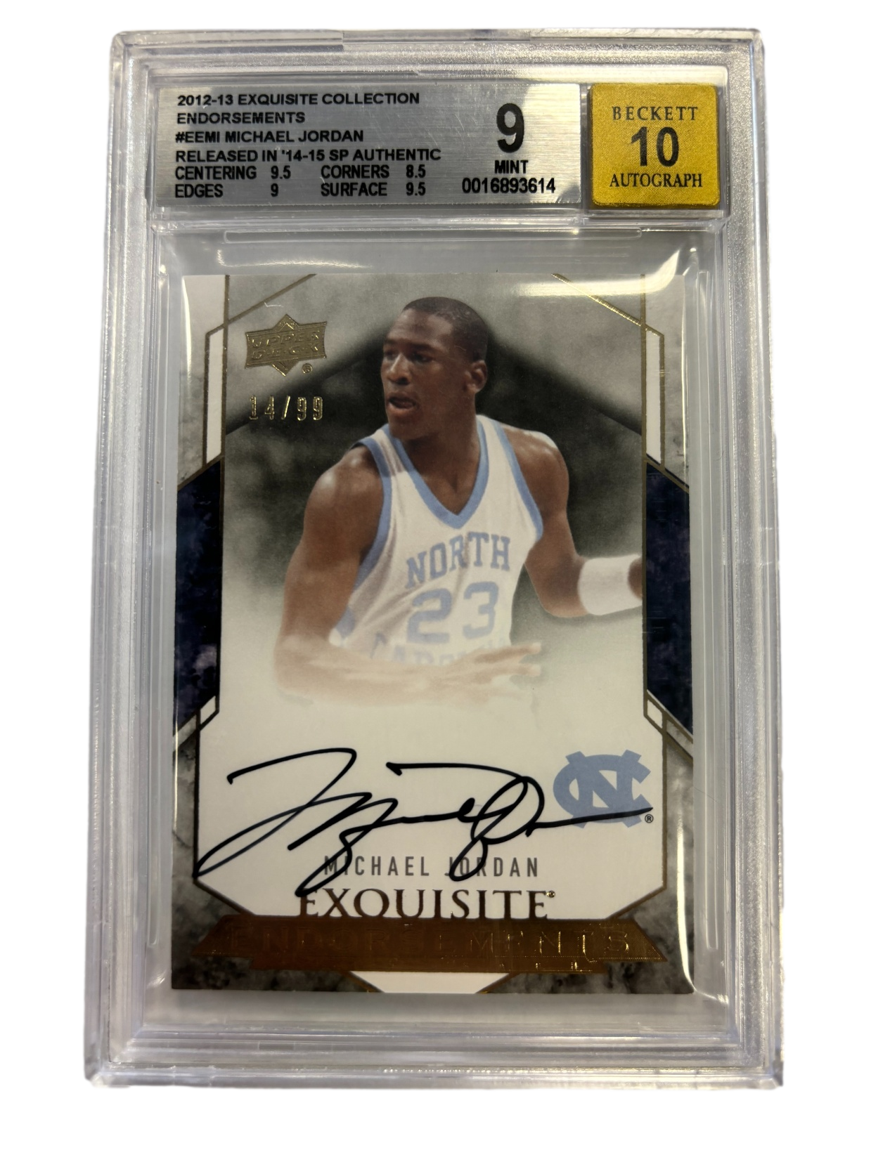 North Carolina Tar Heels Michael Jordan 2012-13 Upper Deck Exquisite Collection Endorsements #EEMI Signed Auto Card 14/99 Becket Mint 9 Auto 10 - 757 Sports Collectibles