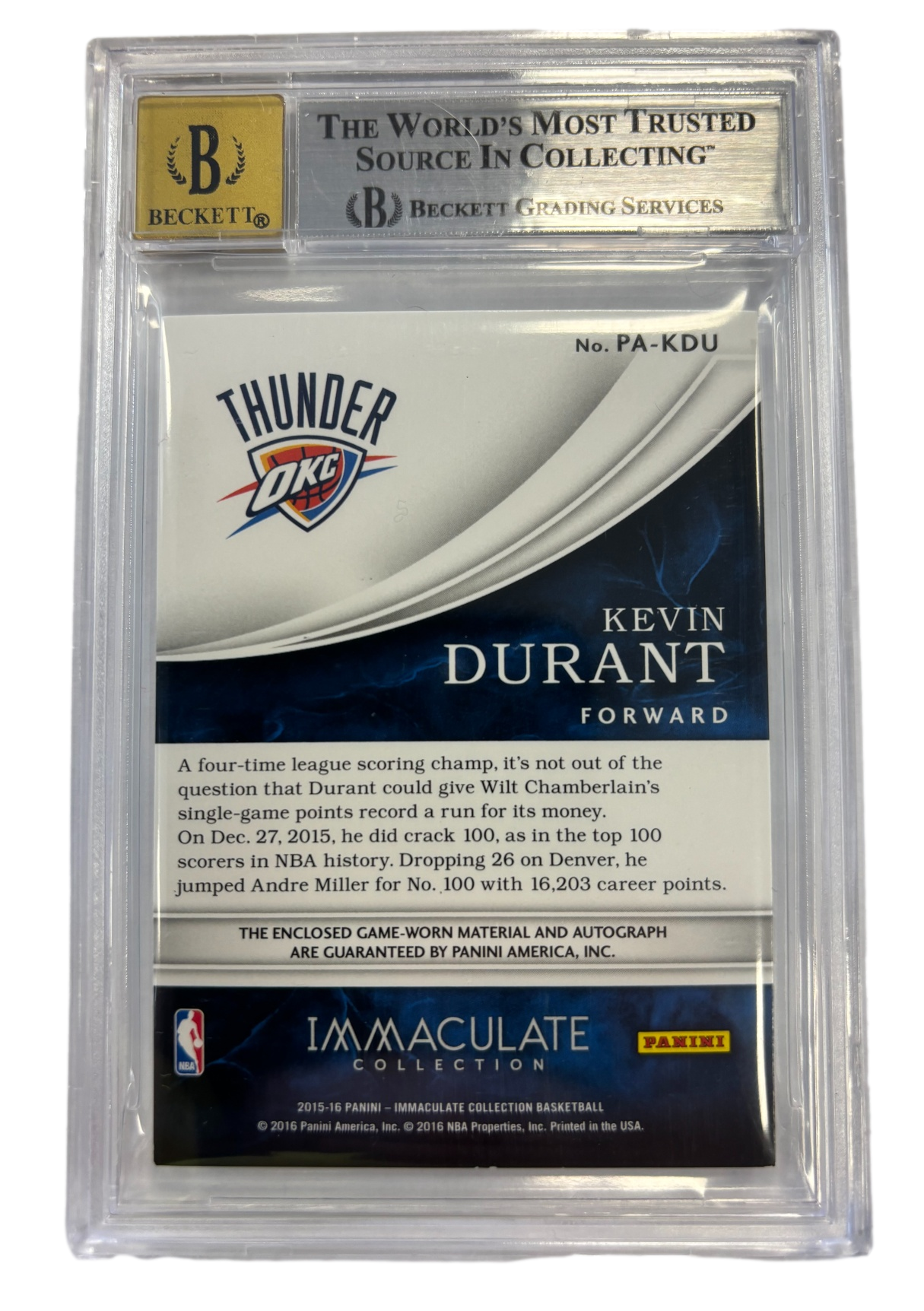 Oklahoma City Thunder Kevin Durant Panini Immaculate 2015-16 Patch Autographs #PAKDU 03/60 Auto Card Beckett Mint 9 Auto 10 - 757 Sports Collectibles