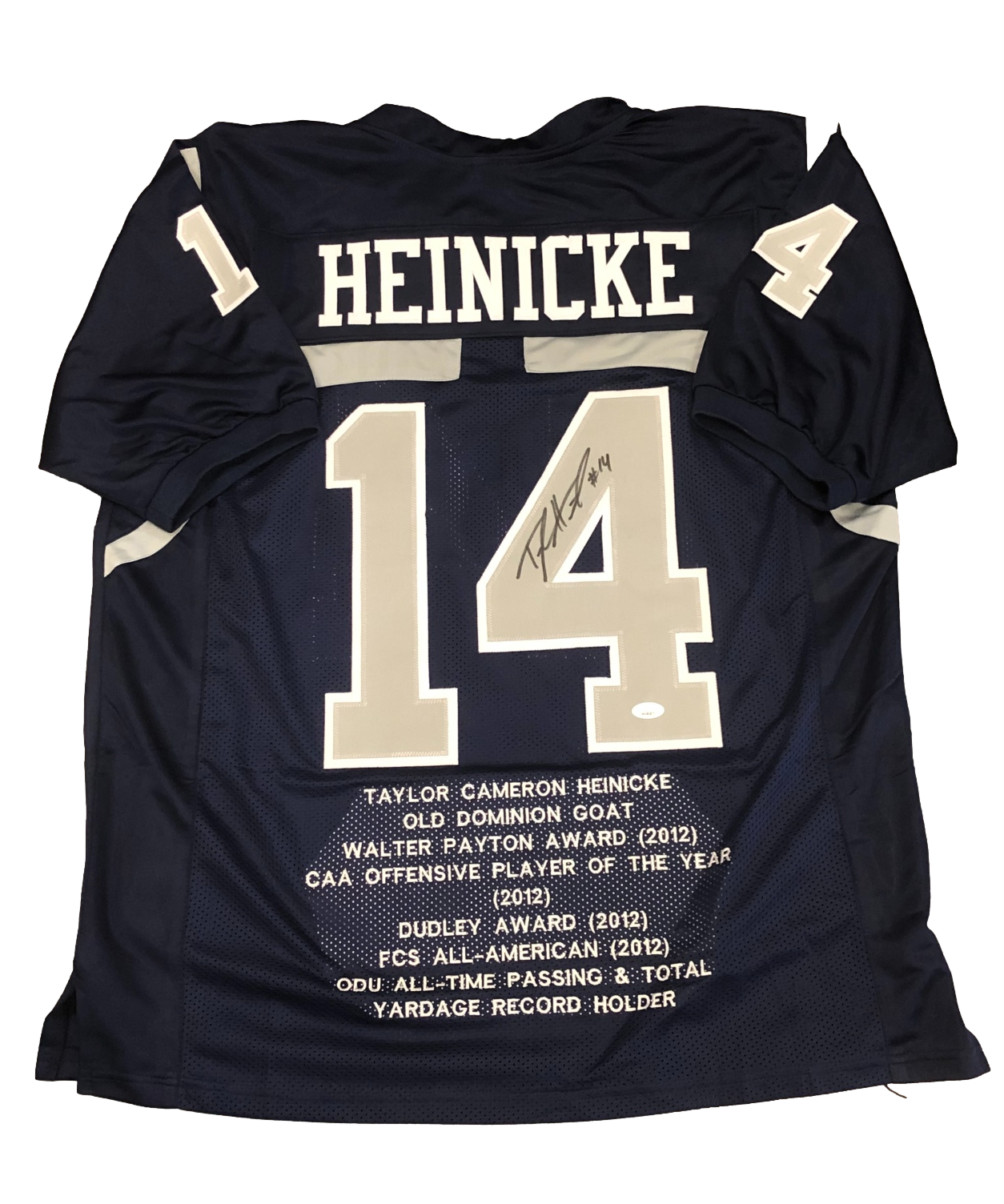 Old Dominion Monachs Taylor Heinicke Signed Auto Navy Stat Jersey - JSA W COA - 757 Sports Collectibles