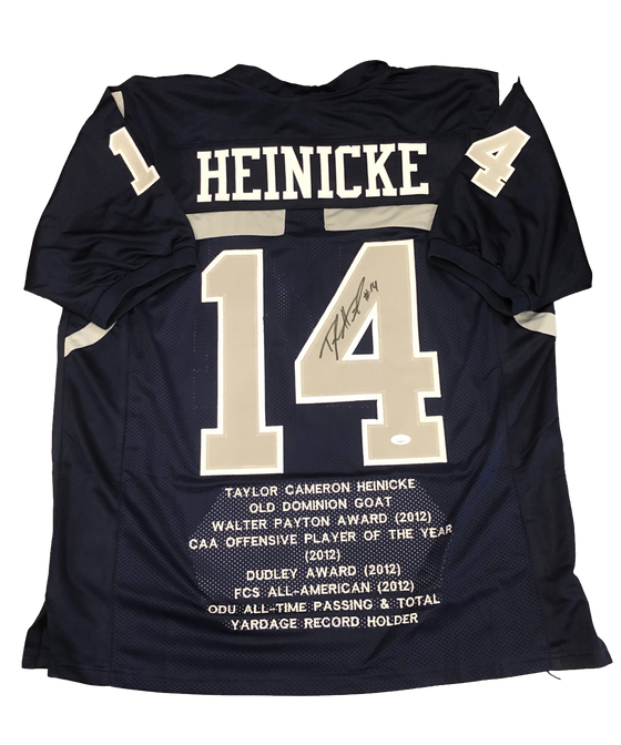 Old Dominion Monachs Taylor Heinicke Signed Auto Navy Stat Jersey - JSA W COA - 757 Sports Collectibles
