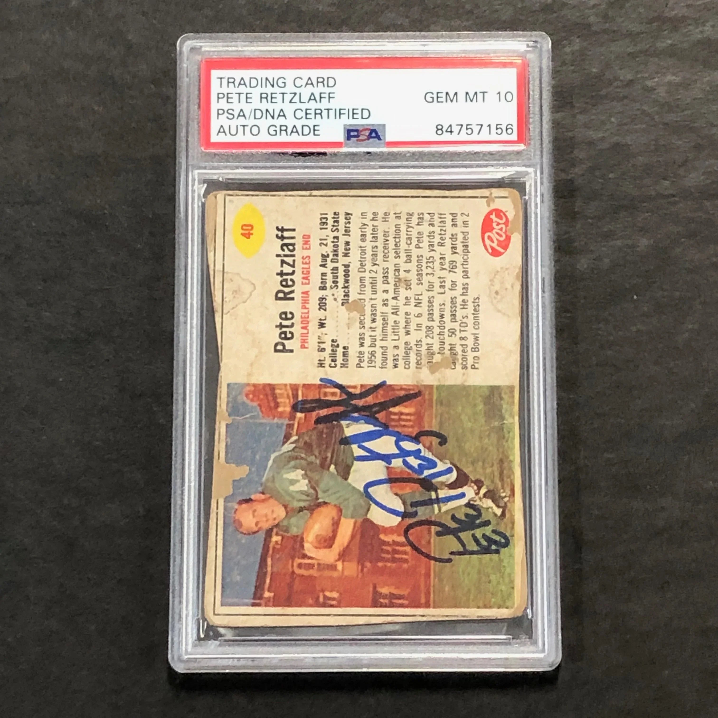 1962 Post Football #40 Pete Retzlaff Signed Card PSA Auto 10 Slabbed Eagles - Sports Collectibles, Sports Memorabilia, Sports Fan Shop, Sports Gifts
