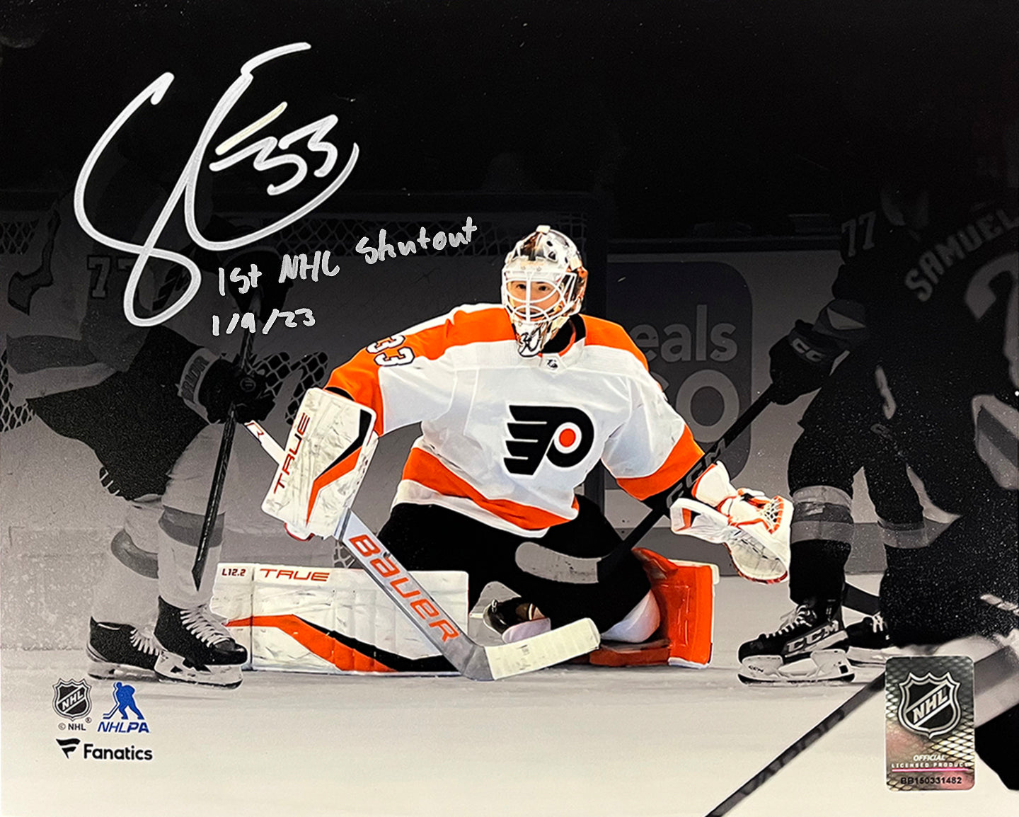 Samuel Ersson First Shutout Philadelphia Flyers Autographed 16x20 Blackout Hockey Photo Inscribed with Date - Sports Collectibles, Sports Memorabilia, Sports Fan Shop, Sports Gifts