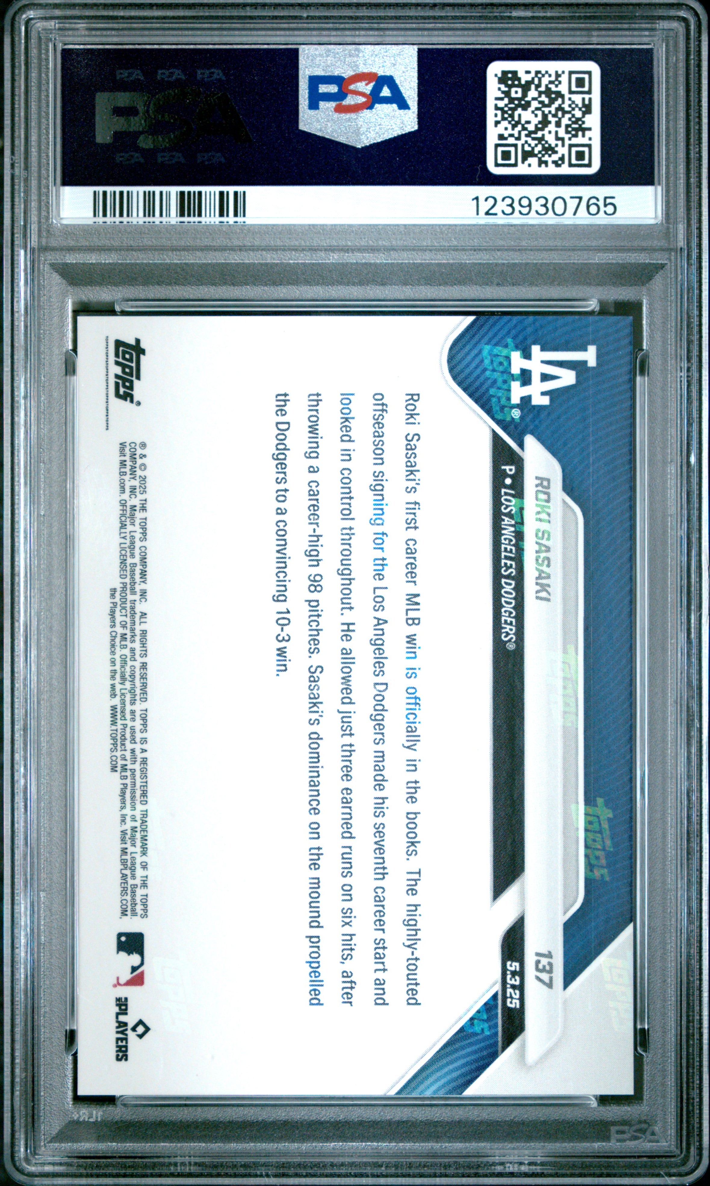 Graded 2025 Topps Now Roki Sasaki #137 Rookie RC Baseball Card PSA 10 Gem Mint