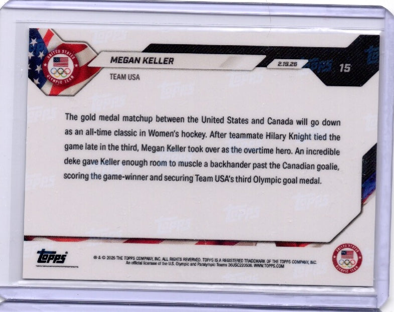 2026 Topps Now Olympics Megan Keller #15 Orange Foil /25 Team USA Hockey Card