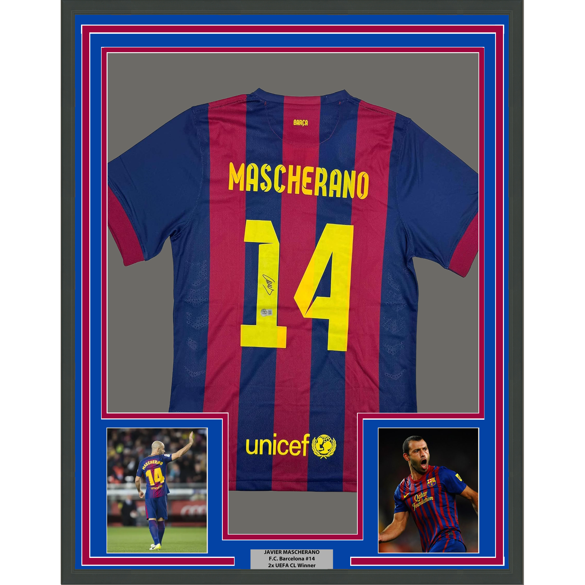 Framed Autographed/Signed Javier Mascherano 35x39 FC Barcelona Blue Soccer Jersey Beckett BAS COA