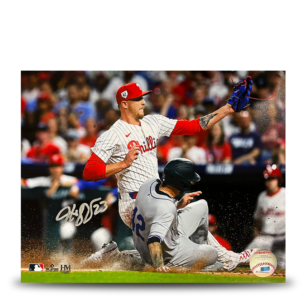 Jeff Hoffman Play at the Plate Philadelphia Phillies Autographed 8" x 10" Baseball Photo - Sports Collectibles, Sports Memorabilia, Sports Fan Shop, Sports Gifts