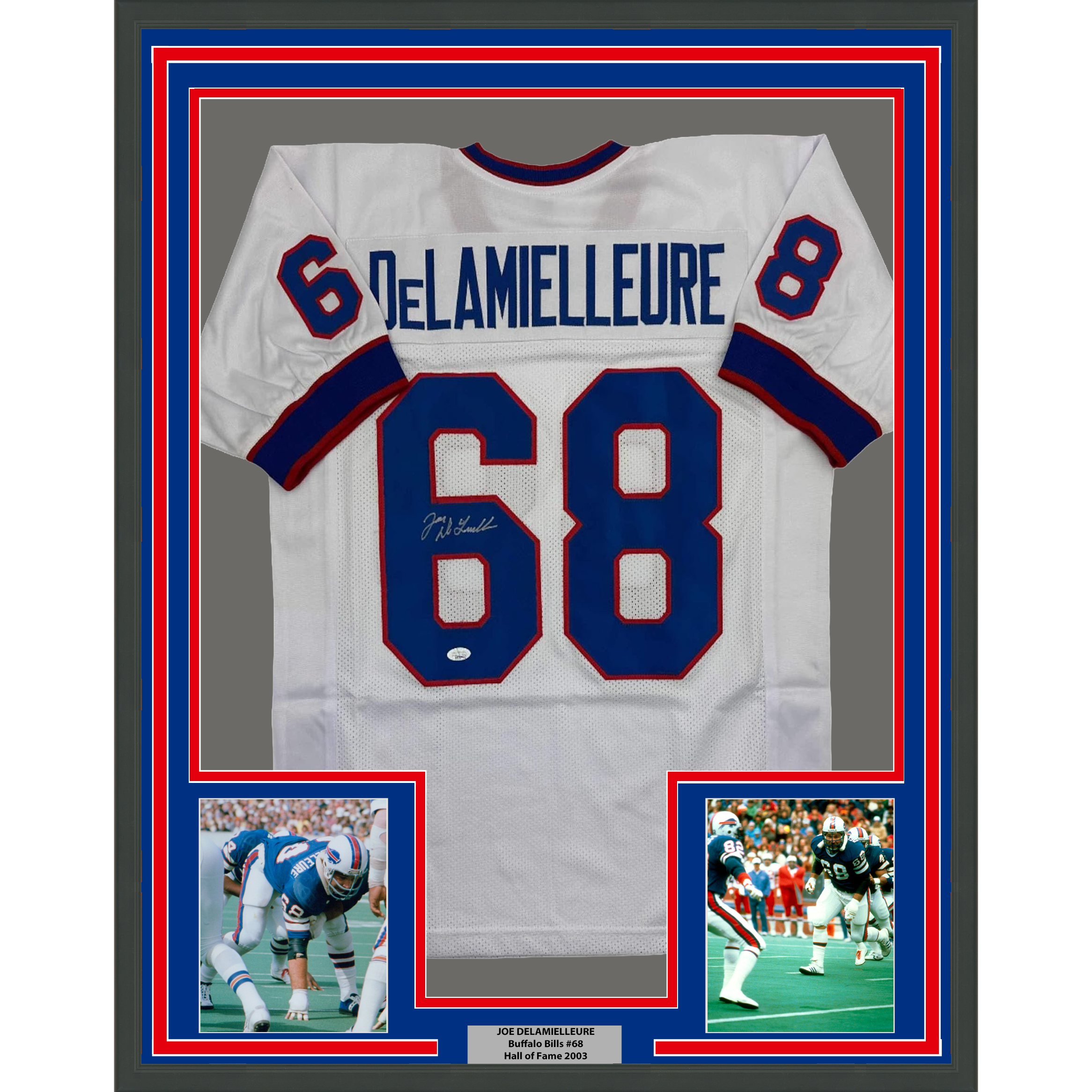 Framed Autographed/Signed Joe DeLamielleure 35x39 Buffalo White Football Jersey JSA COA