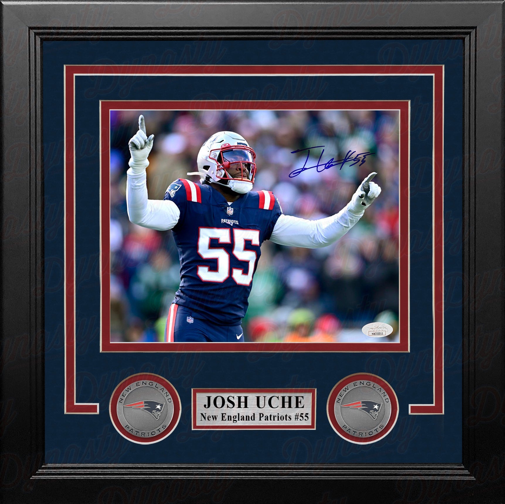 Josh Uche in Action New England Patriots Autographed 8" x 10" Framed Football Photo - Sports Collectibles, Sports Memorabilia, Sports Fan Shop, Sports Gifts