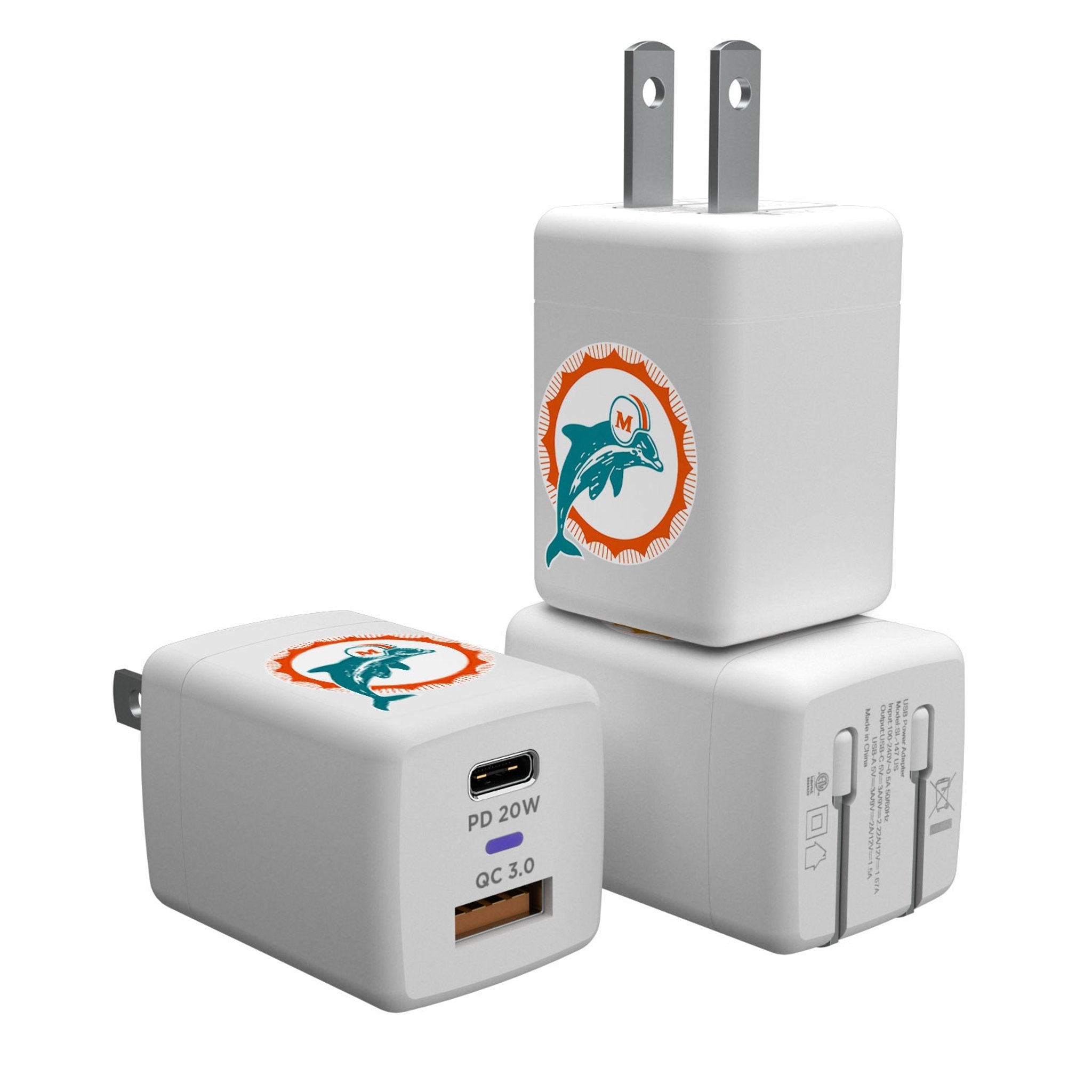 Miami Dolphins 1966-1973 Historic Collection Insignia USB A/C Charger - Sports Gifts, Sports Memorabilia, Sports Collectibles, Fan Shop