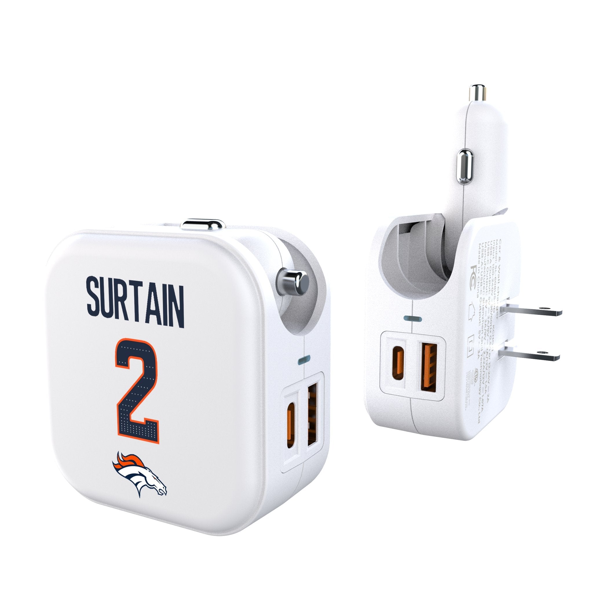 Pat Surtain II Denver Broncos 2 Game Tactic 2 in 1 USB Charger - Sports Gifts, Sports Memorabilia, Sports Collectibles, Fan Shop