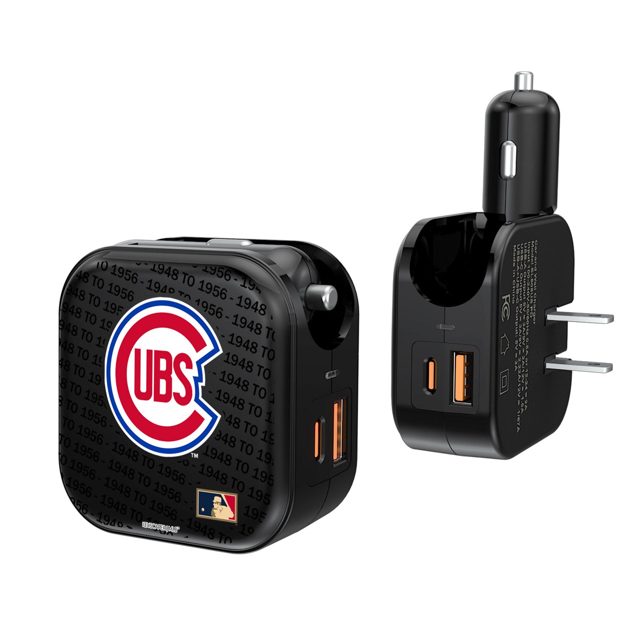 Chicago Cubs 1948-1956 - Cooperstown Collection Text Backdrop 2 in 1 USB A/C Charger - Sports Gifts, Sports Memorabilia, Sports Collectibles, Fan Shop