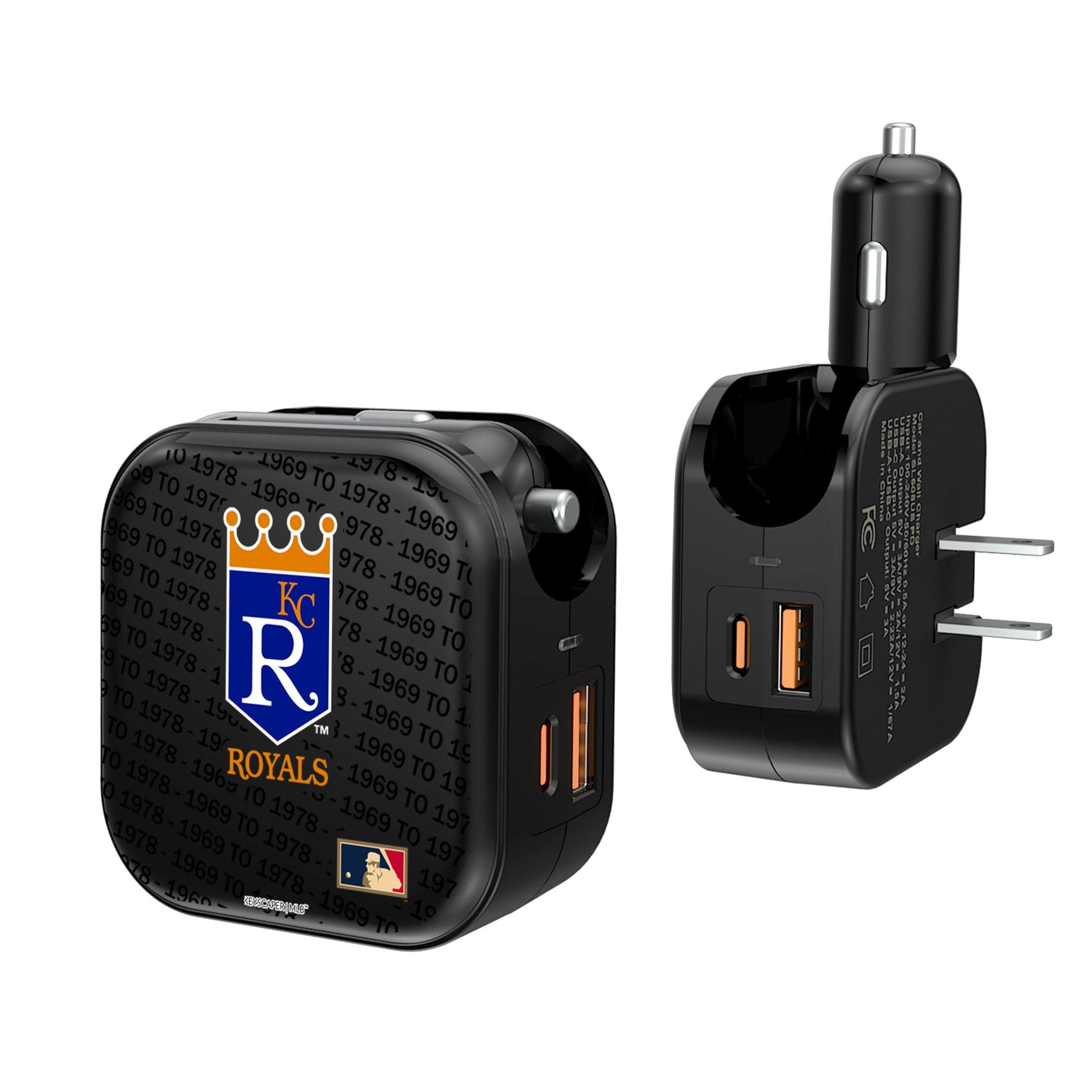 Kansas City Royals 1969-1978 - Cooperstown Collection Text Backdrop 2 in 1 USB A/C Charger - Sports Gifts, Sports Memorabilia, Sports Collectibles, Fan Shop