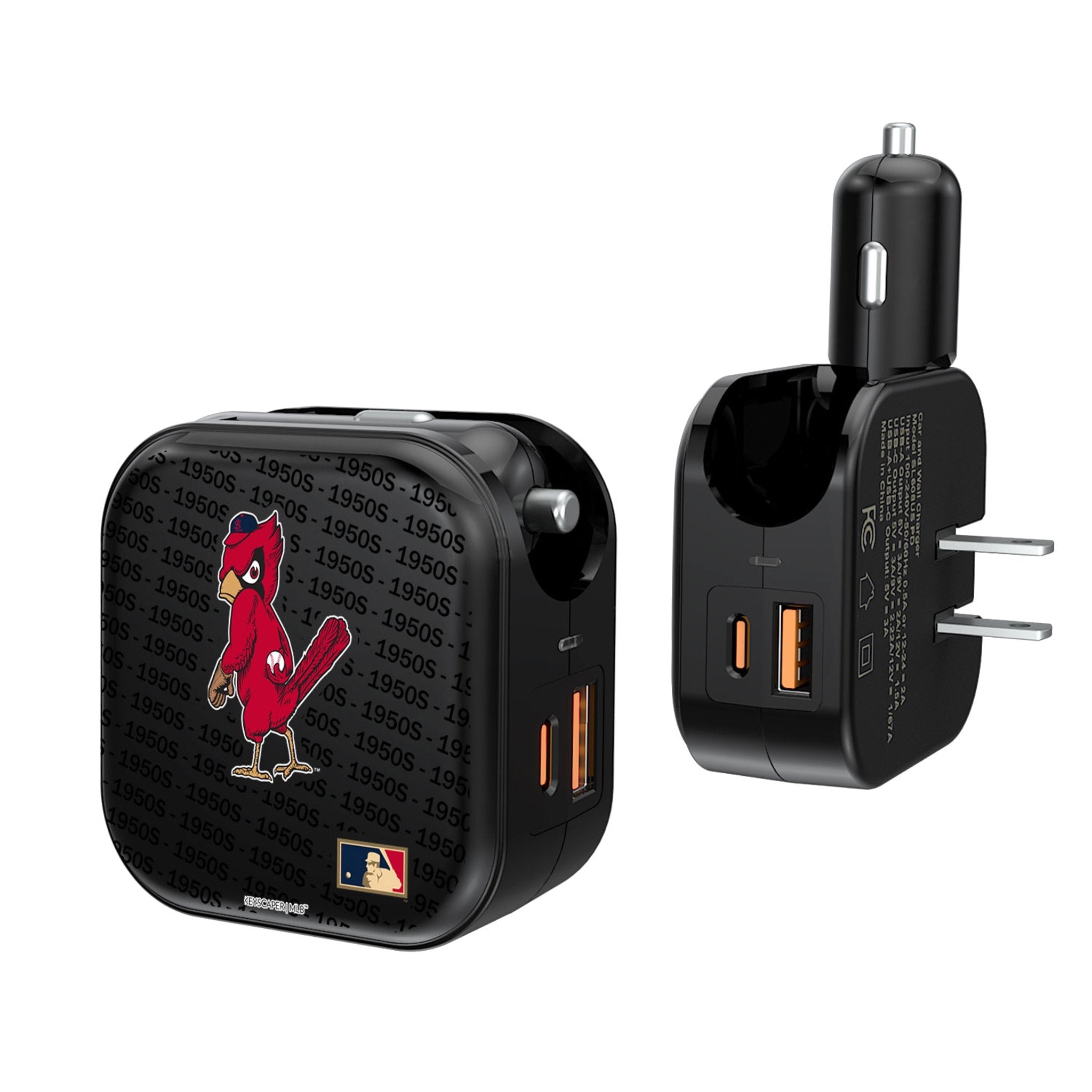 St Louis Cardinals 1950s - Cooperstown Collection Text Backdrop 2 in 1 USB A/C Charger - Sports Gifts, Sports Memorabilia, Sports Collectibles, Fan Shop