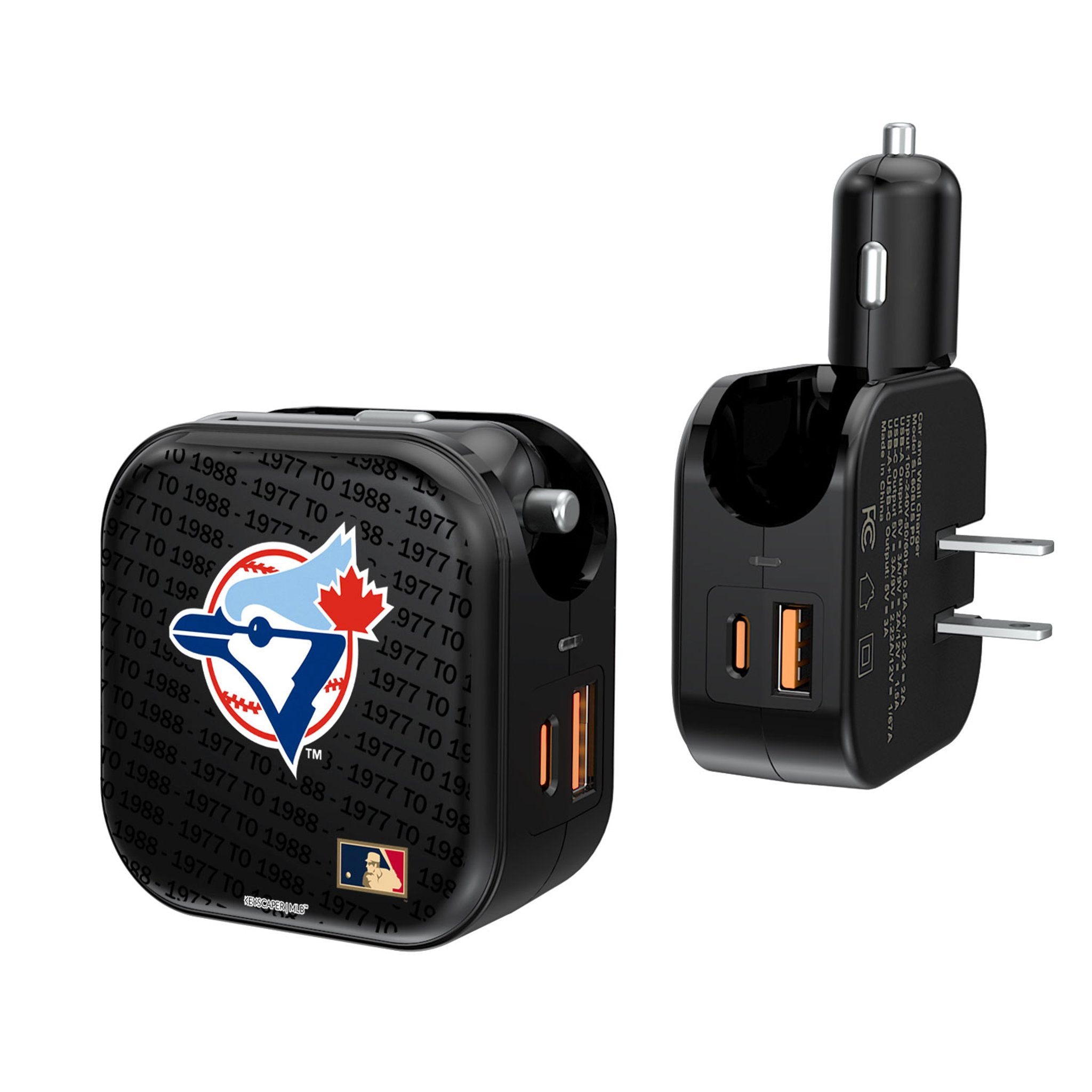 Toronto Blue Jays 1977-1988 - Cooperstown Collection Text Backdrop 2 in 1 USB A/C Charger - Sports Gifts, Sports Memorabilia, Sports Collectibles, Fan Shop
