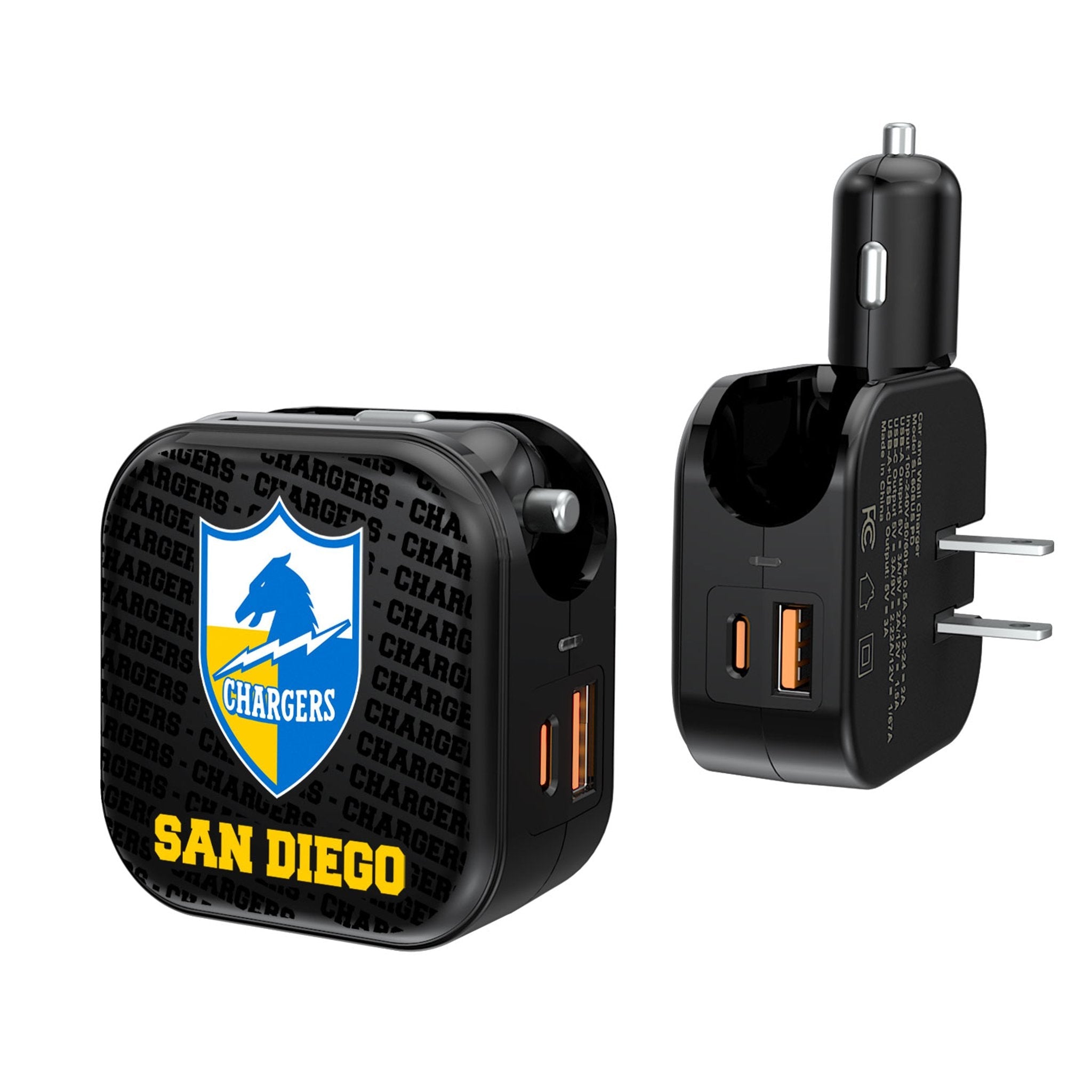 Los Angeles Chargers Historic Collection Text Backdrop 2 in 1 USB A/C Charger - Sports Gifts, Sports Memorabilia, Sports Collectibles, Fan Shop
