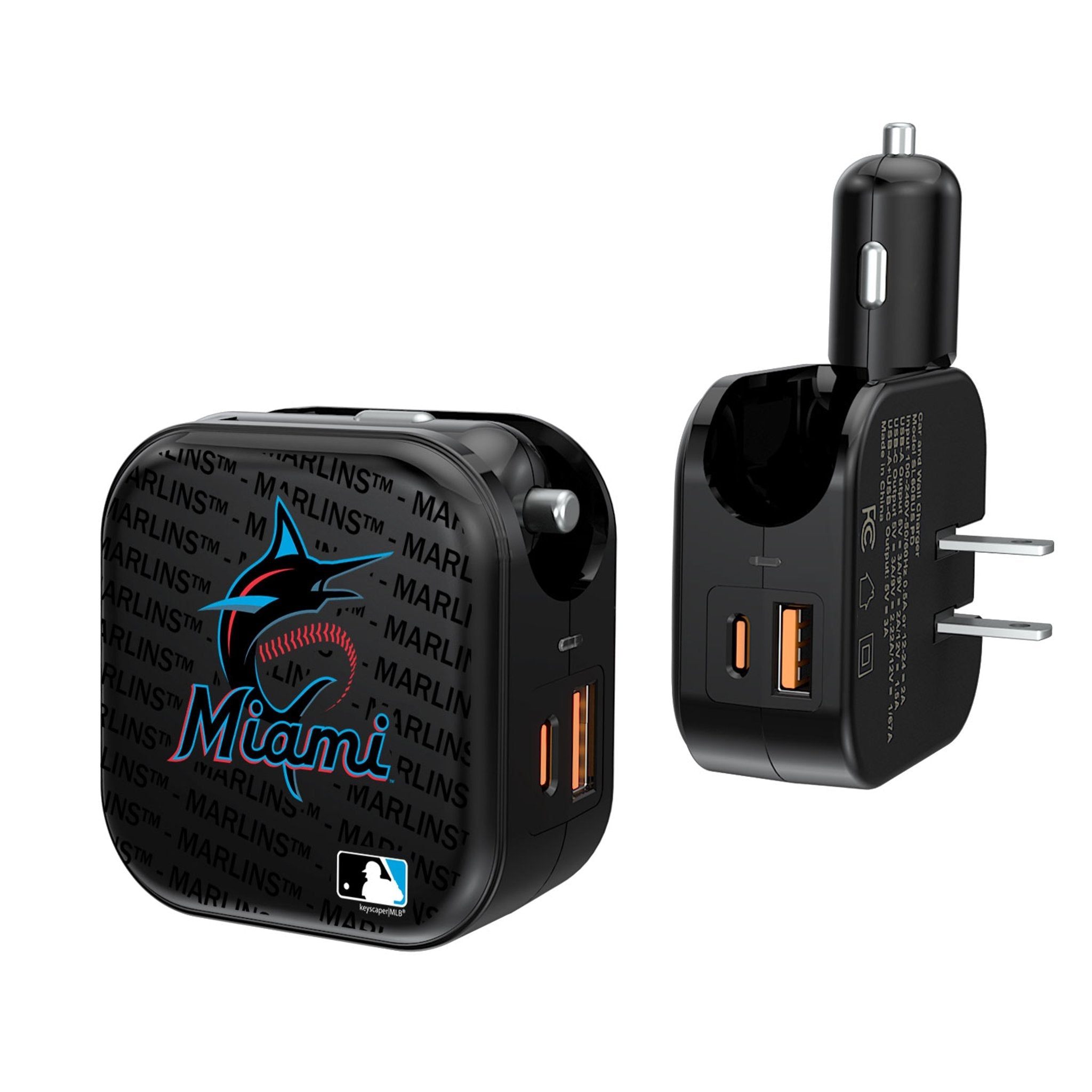 Miami Marlins Text Backdrop 2 in 1 USB A/C Charger - Sports Gifts, Sports Memorabilia, Sports Collectibles, Fan Shop