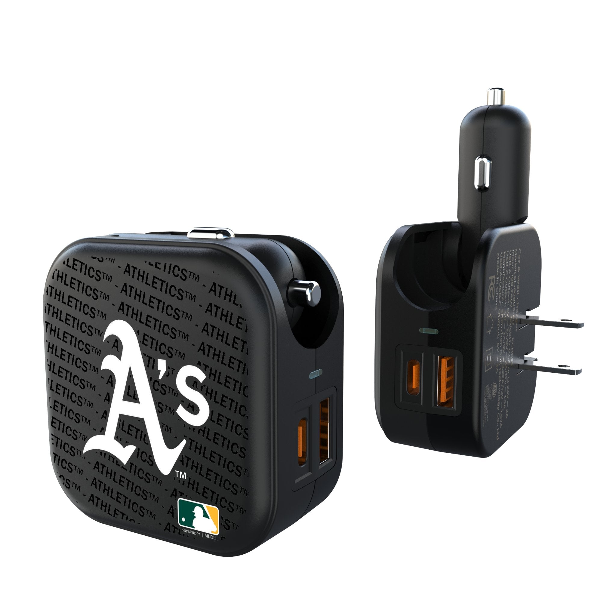 Oakland Athletics Text Backdrop 2 in 1 USB A/C Charger - Sports Gifts, Sports Memorabilia, Sports Collectibles, Fan Shop