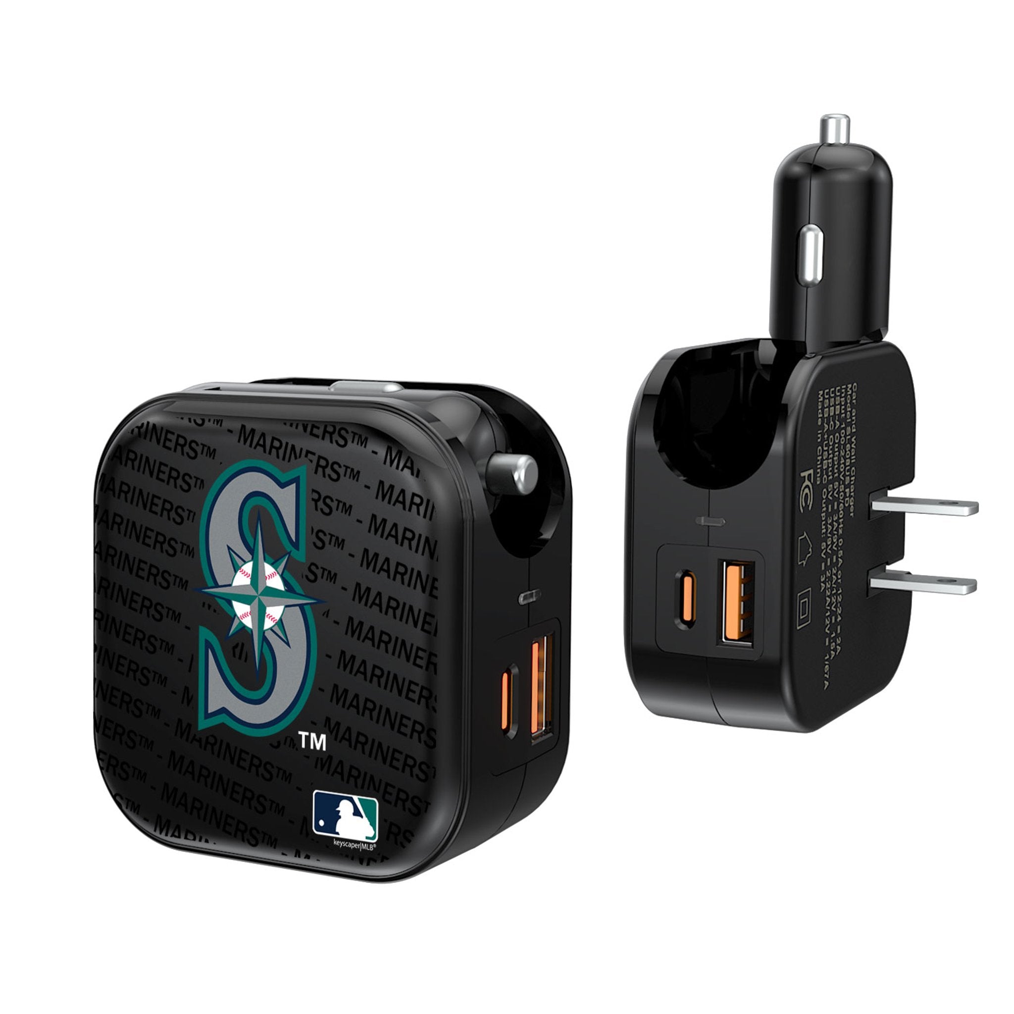 Seattle Mariners Text Backdrop 2 in 1 USB A/C Charger - Sports Gifts, Sports Memorabilia, Sports Collectibles, Fan Shop